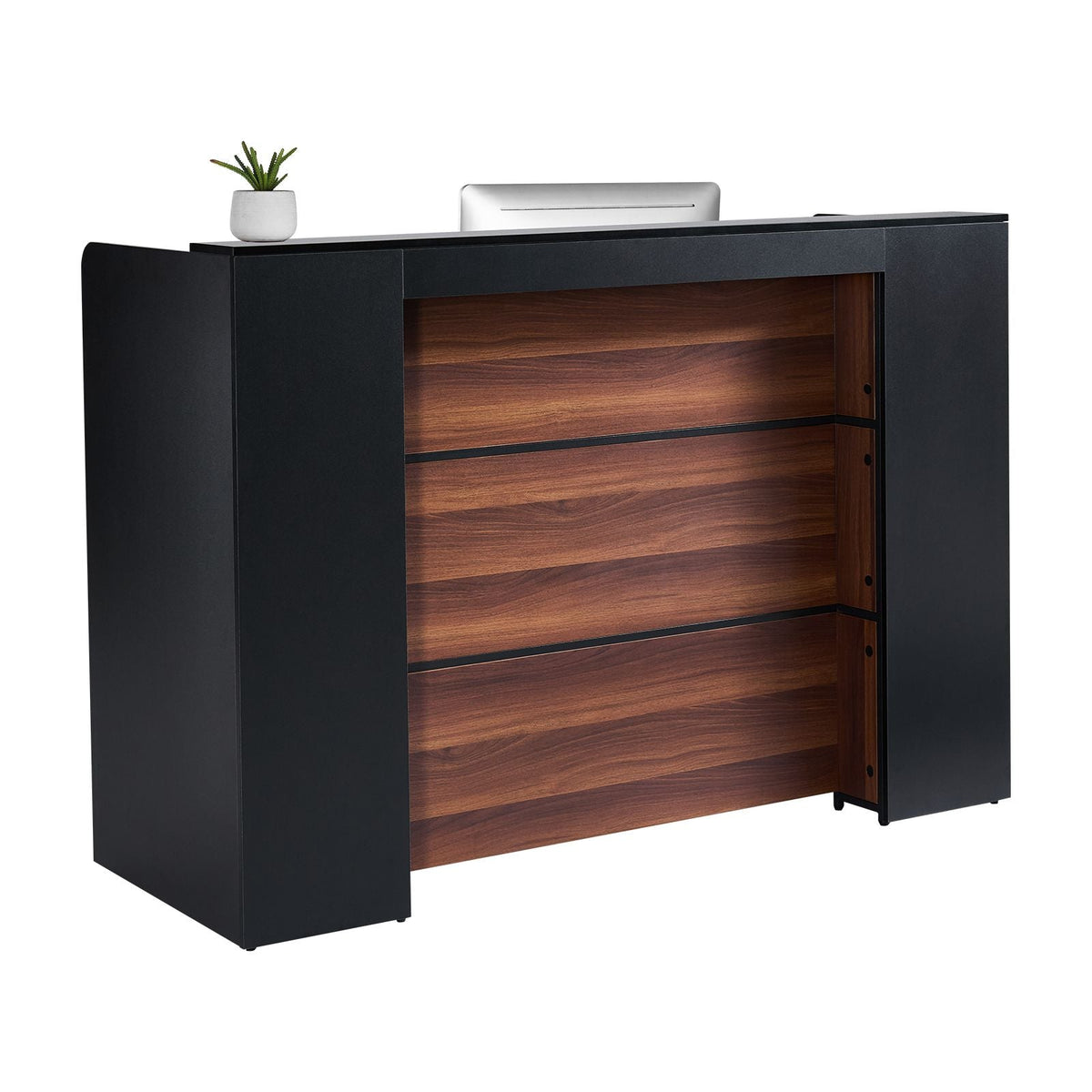 Reception Desk, 62 Inch Rectangular Front Counter Table, Office Reception Desk Front Retail Counter with LED Light, for Checkout, Lobby, Beauty Salon and Office, Black & Brown