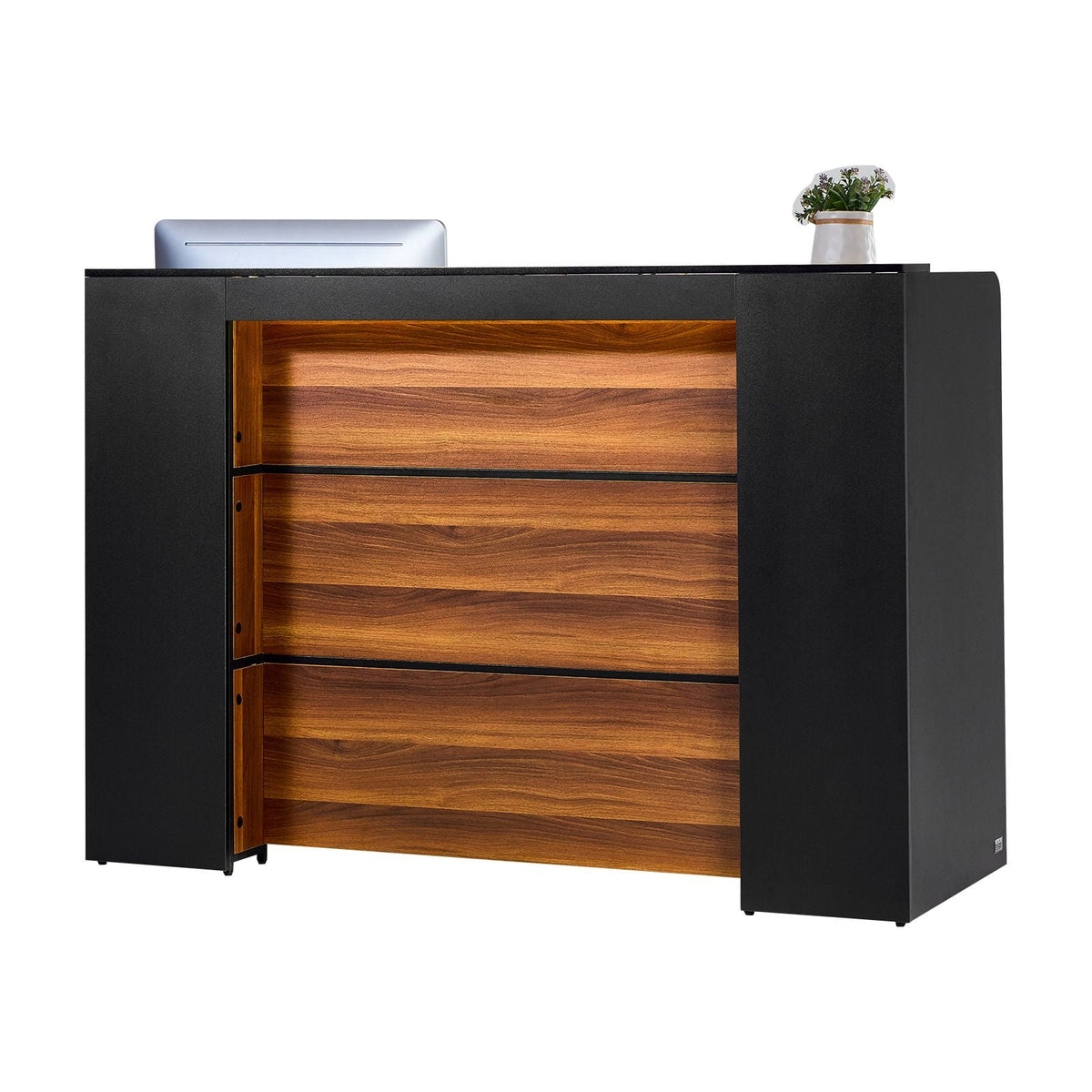Reception Desk, 62 Inch Rectangular Front Counter Table, Office Reception Desk Front Retail Counter with LED Light, for Checkout, Lobby, Beauty Salon and Office, Black & Brown
