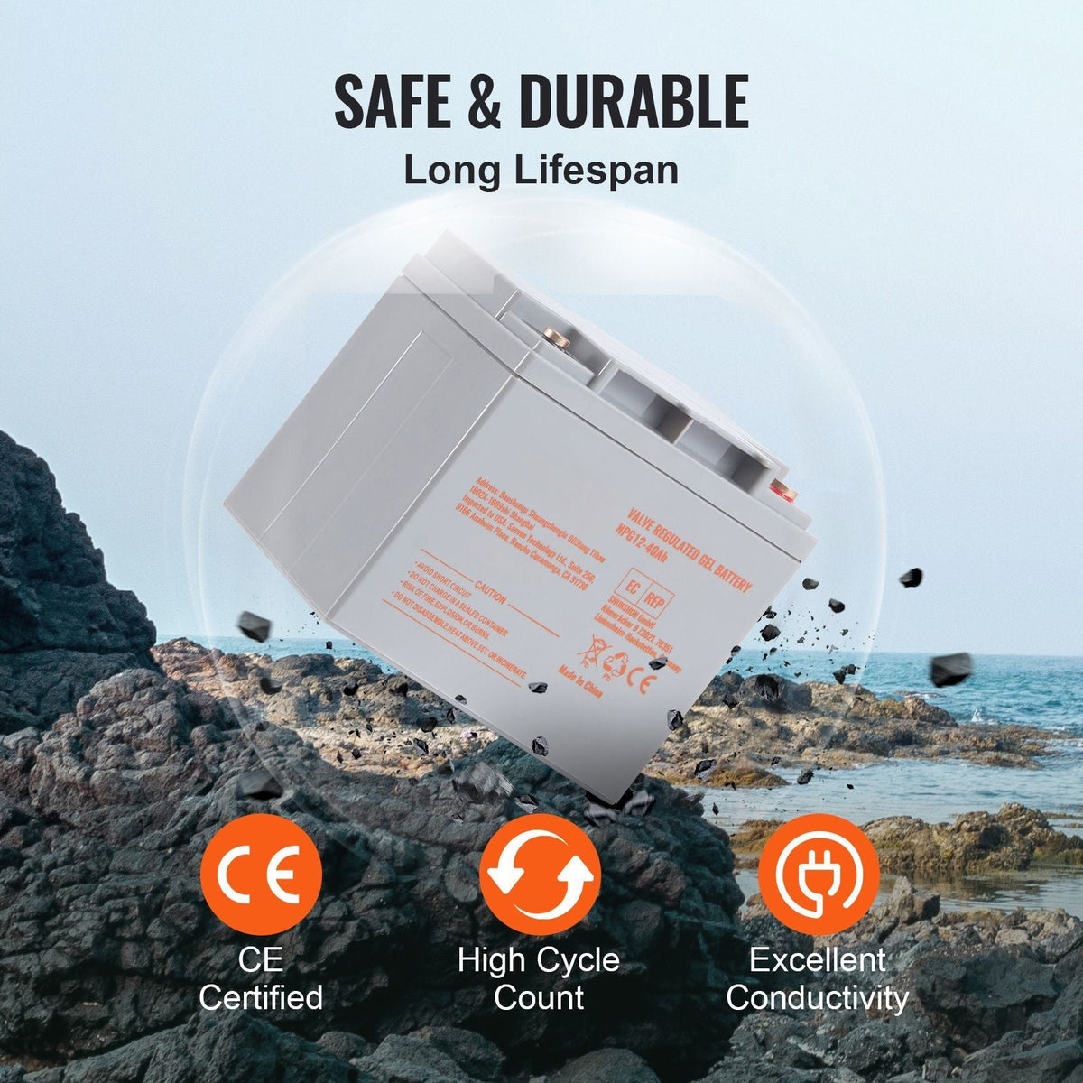 Rechargeable AGM Marine Battery, 12V 40AH, with 400A Discharge Current, Ideal for Mobility Scooters, Electric Wheelchairs, Go-Karts, and e-Bikes