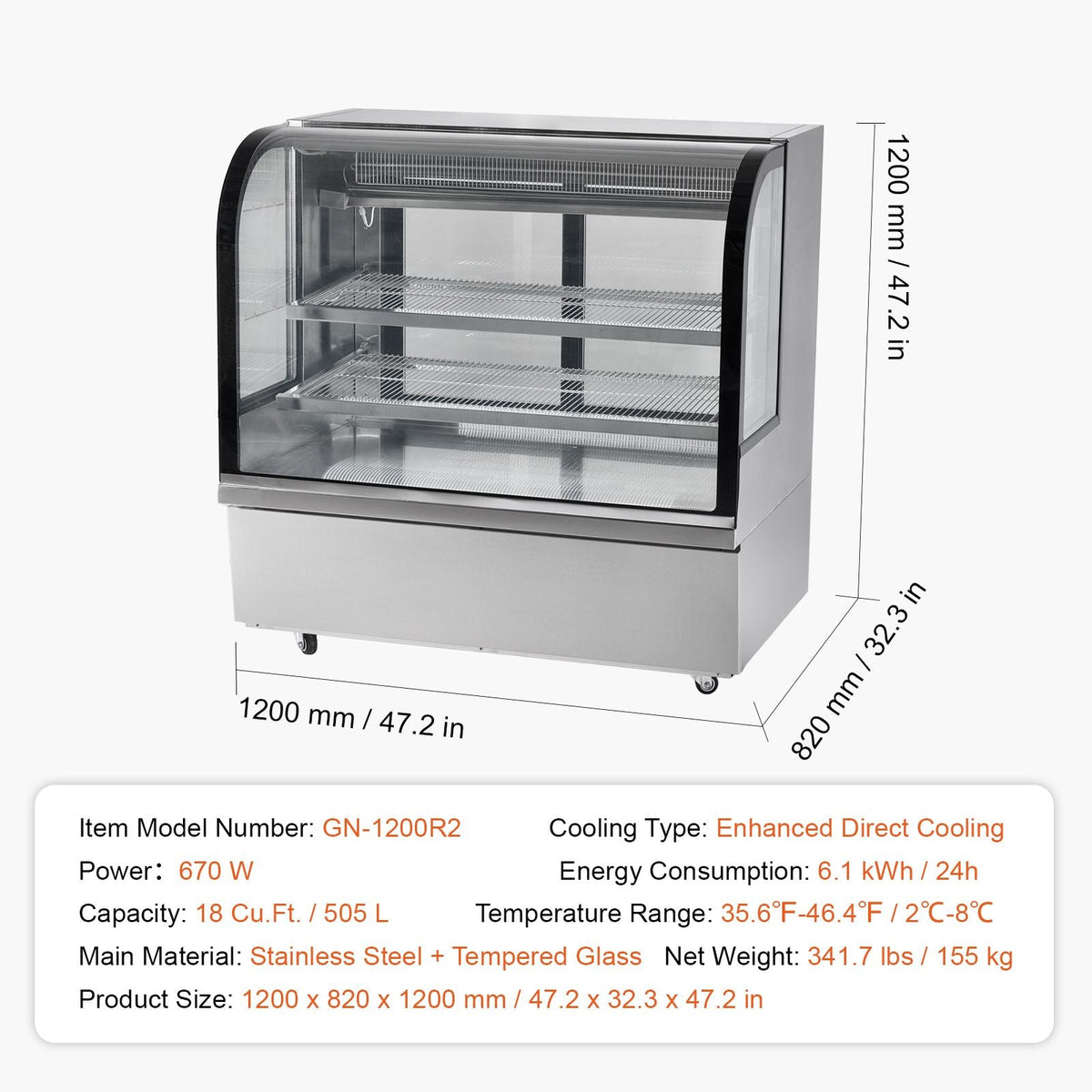 Refrigerated Display Case, 18 Cu.Ft./505L Large Pastry Display Case, 2-Tier Commercial Display Refrigerator with LED Lighting, Downdraft Cooling, Movable with Casters, for Bakery