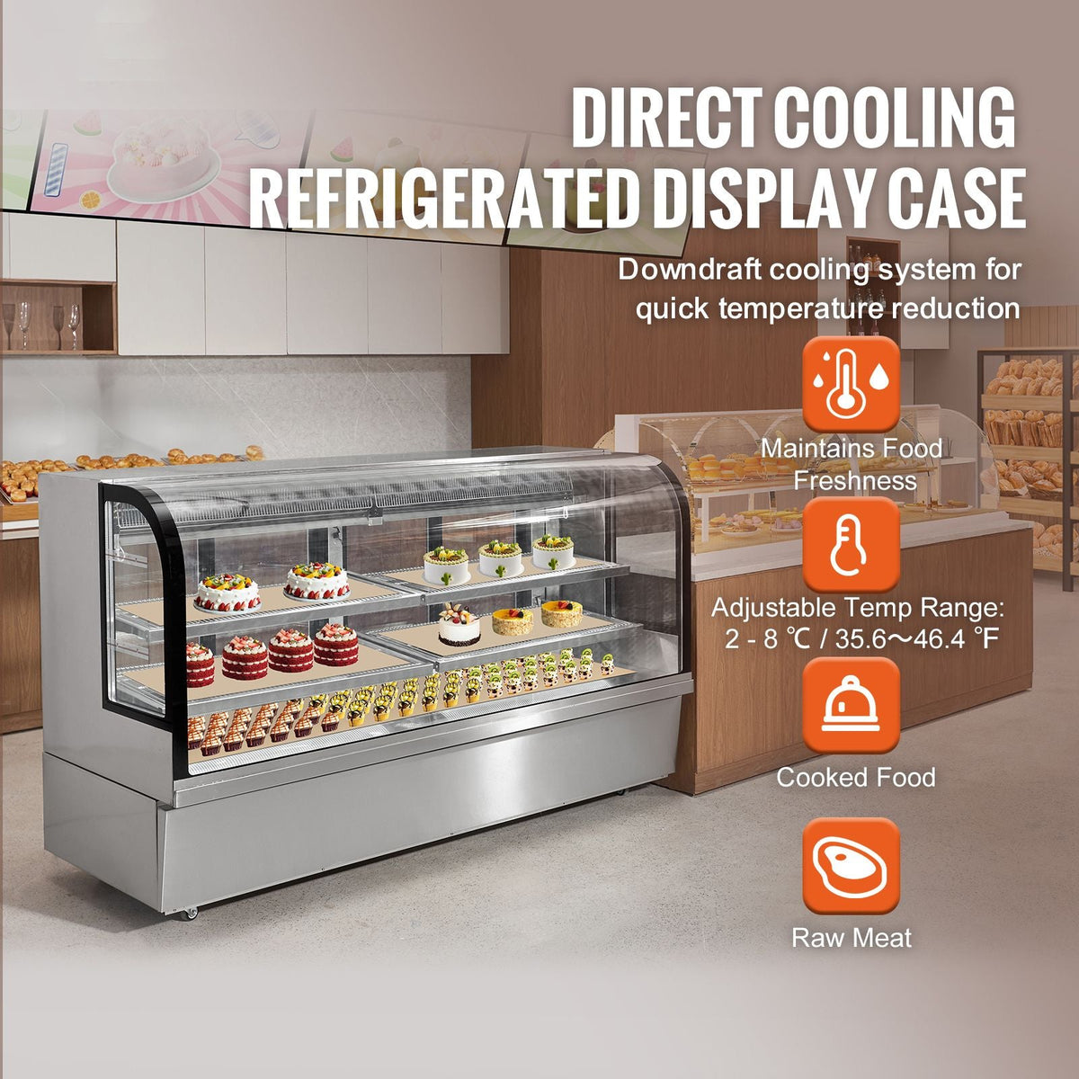 Refrigerated Display Case, 32 Cu.Ft./901L Large Pastry Display Case, 4-Tier Commercial Display Refrigerator with LED Lighting, Downdraft Cooling, Movable with Casters, for Bakery