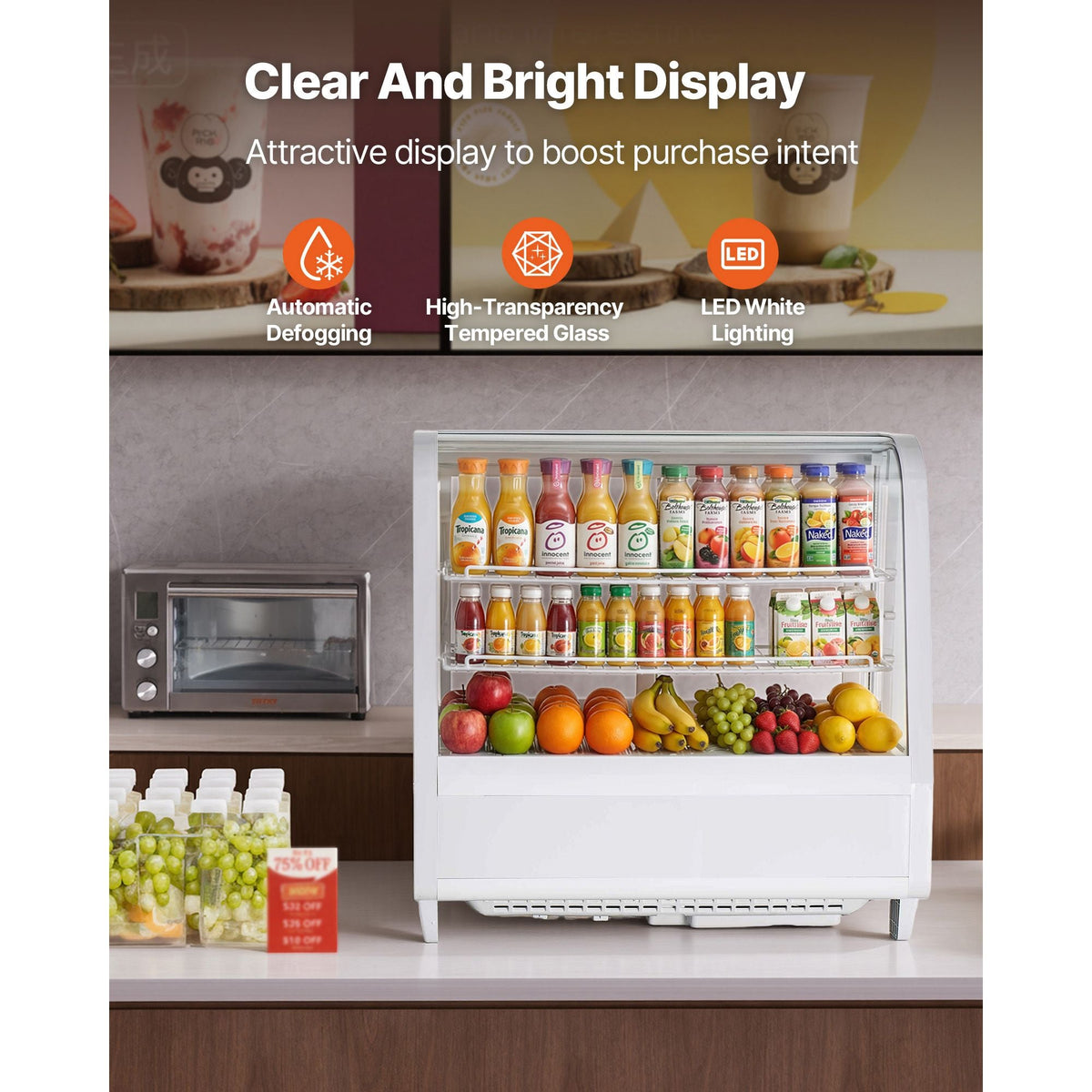 Refrigerated Display Case, 3.5 Cu.Ft./100L Countertop Pastry Display Case, 2-Tier Commercial Cake Refrigerator with LED Lighting, TURBO Cooling, Frost-Free Air-Cooling, for Bakery, Dessert Shop