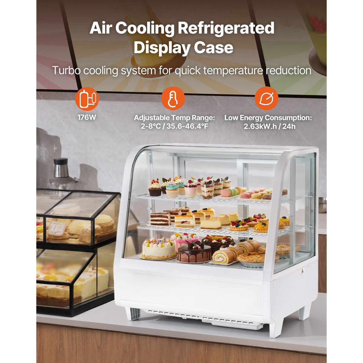 Refrigerated Display Case, 3.5 Cu.Ft./100L Countertop Pastry Display Case, 2-Tier Commercial Cake Refrigerator with LED Lighting, TURBO Cooling, Frost-Free Air-Cooling, for Bakery, Dessert Shop