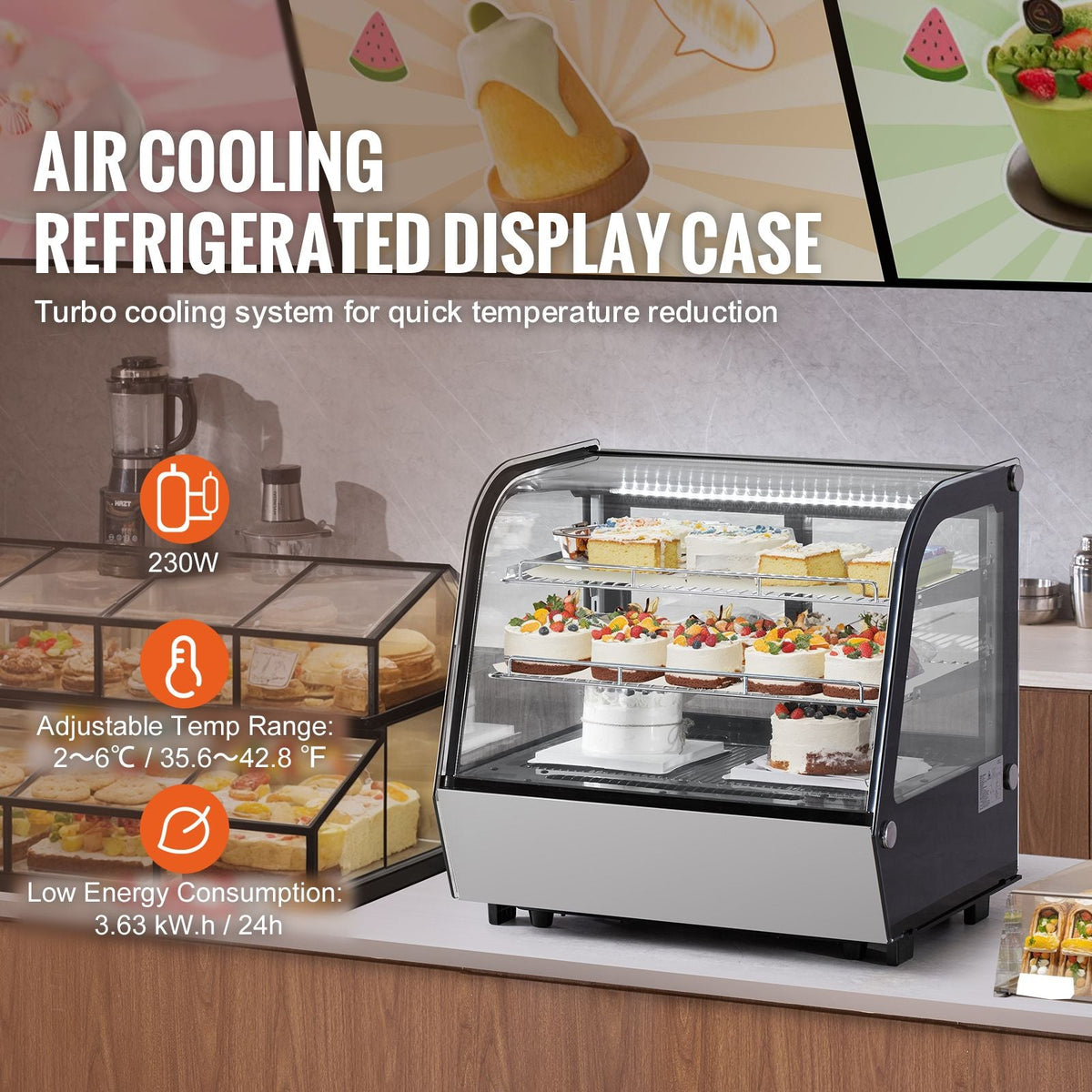 Refrigerated Display Case, 4.2 Cu.Ft./115L Countertop Pastry Display Case, 2-Tier Commercial Display Refrigerator with LED Lighting, TURBO Cooling, Frost-Free Air-Cooling, for Bakery