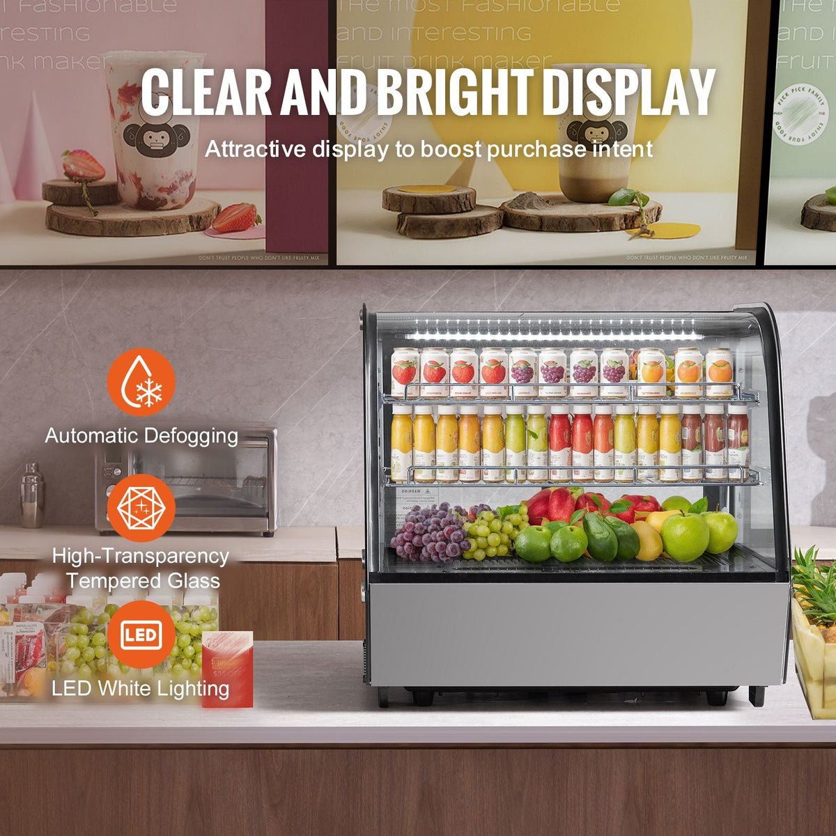 Refrigerated Display Case, 4.2 Cu.Ft./115L Countertop Pastry Display Case, 2-Tier Commercial Display Refrigerator with LED Lighting, TURBO Cooling, Frost-Free Air-Cooling, for Bakery