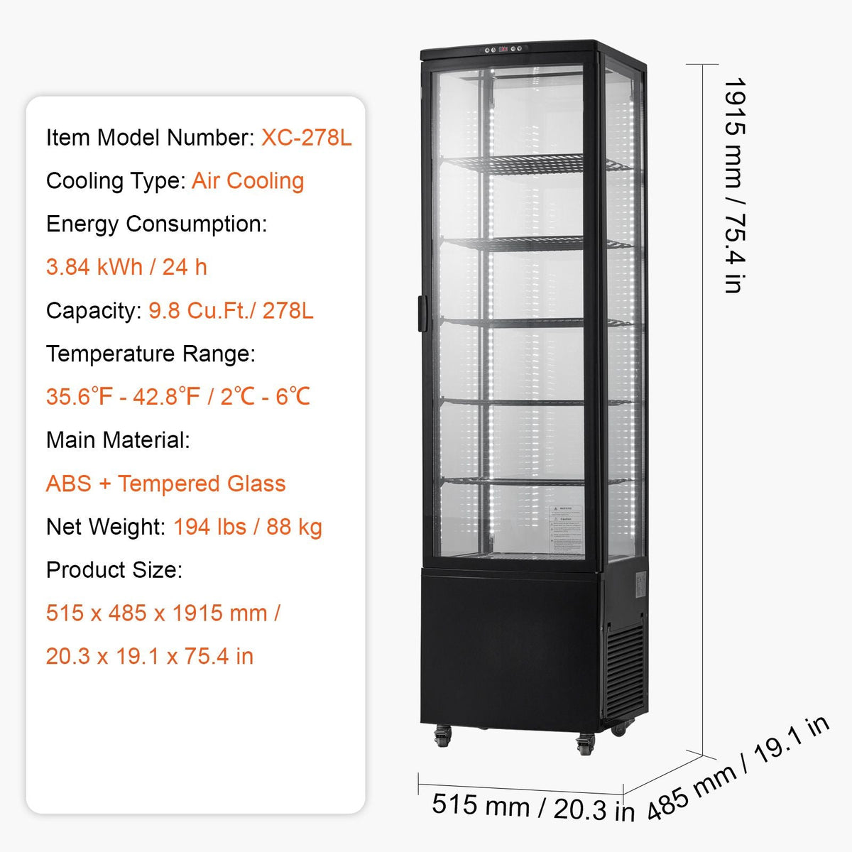 Refrigerated Display Case, 9.8 Cu.Ft./278L Large Pastry Display Case, 5-Tier Commercial Display Refrigerator with LED Lighting, TURBO Cooling, Frost-Free Air-Cooling, for Bakery