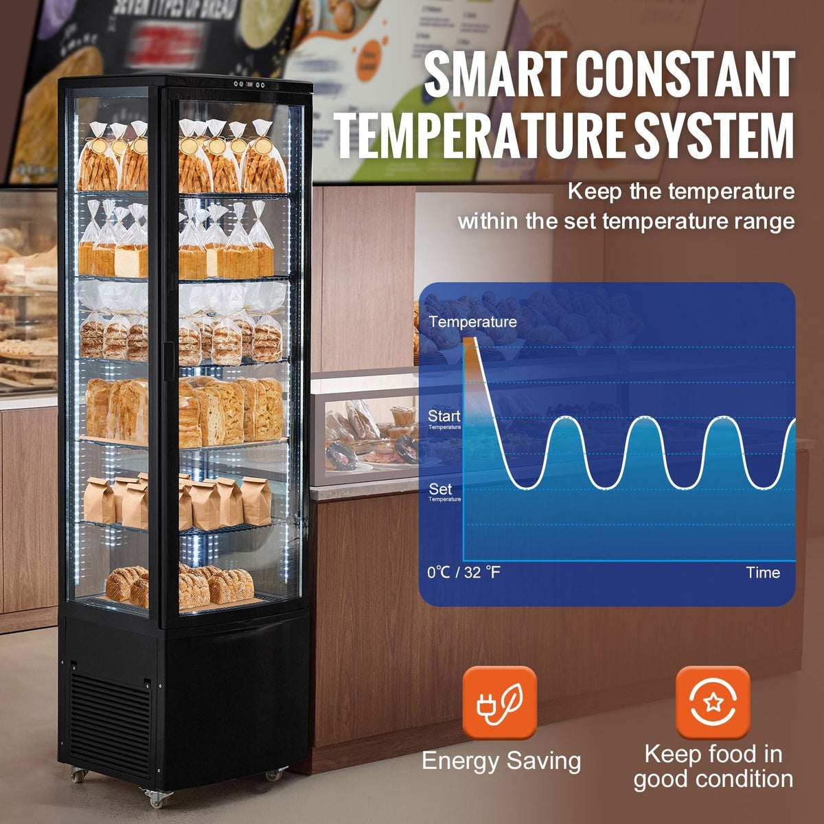 Refrigerated Display Case, 9.8 Cu.Ft./278L Large Pastry Display Case, 5-Tier Commercial Display Refrigerator with LED Lighting, TURBO Cooling, Frost-Free Air-Cooling, for Bakery