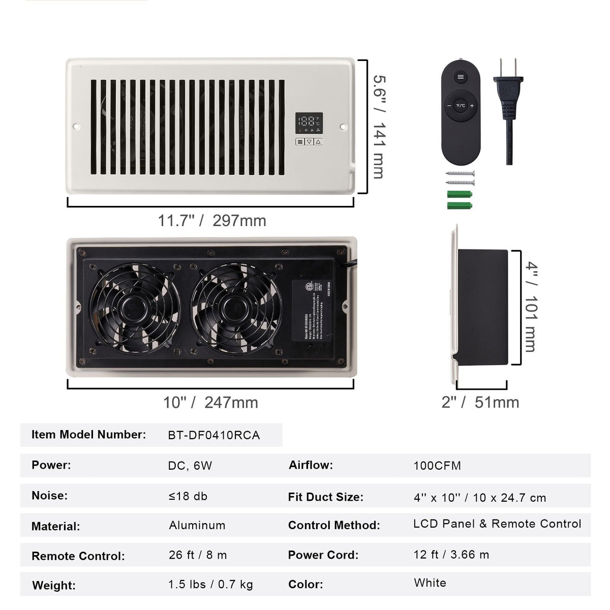 Register Booster Fan, Quiet Vent Booster Fan Fits 4' x 10' Register Holes, with Remote Control and Thermostat Control, Adjustable Speed for Heating Cooling Smart Vent, White