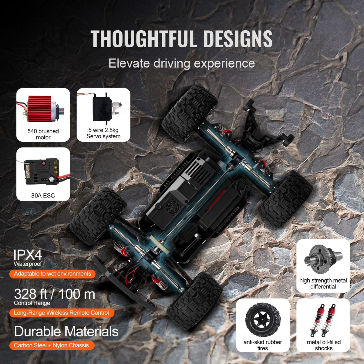 Remote Control Car, 1:10 Scale RC Car for Kids, All Terrain 4WD Off-Road Monster Truck with 45° Wheelie & 2 Batteries, 38 km/h High Speed Hobby Racing Car - Ideal Gift for 8+ Years Kids, IPX4