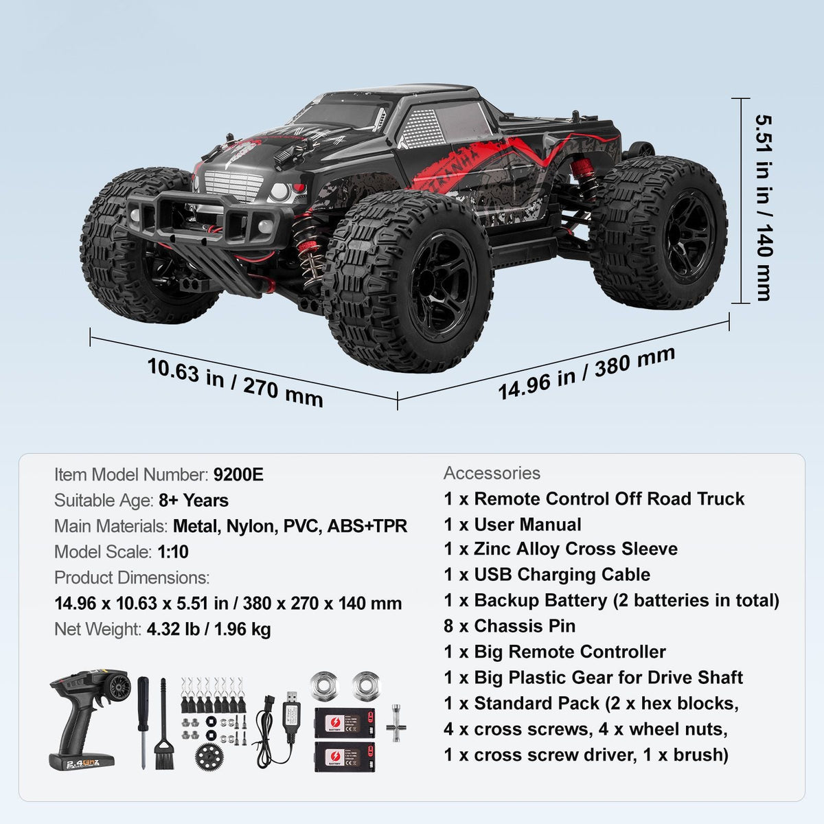 Remote Control Car, 1:10 Scale RC Car for Kids, All Terrain 4WD Off-Road Monster Truck with 45° Wheelie & 2 Batteries, 38 km/h High Speed Hobby Racing Car - Ideal Gift for 8+ Years Kids, IPX4