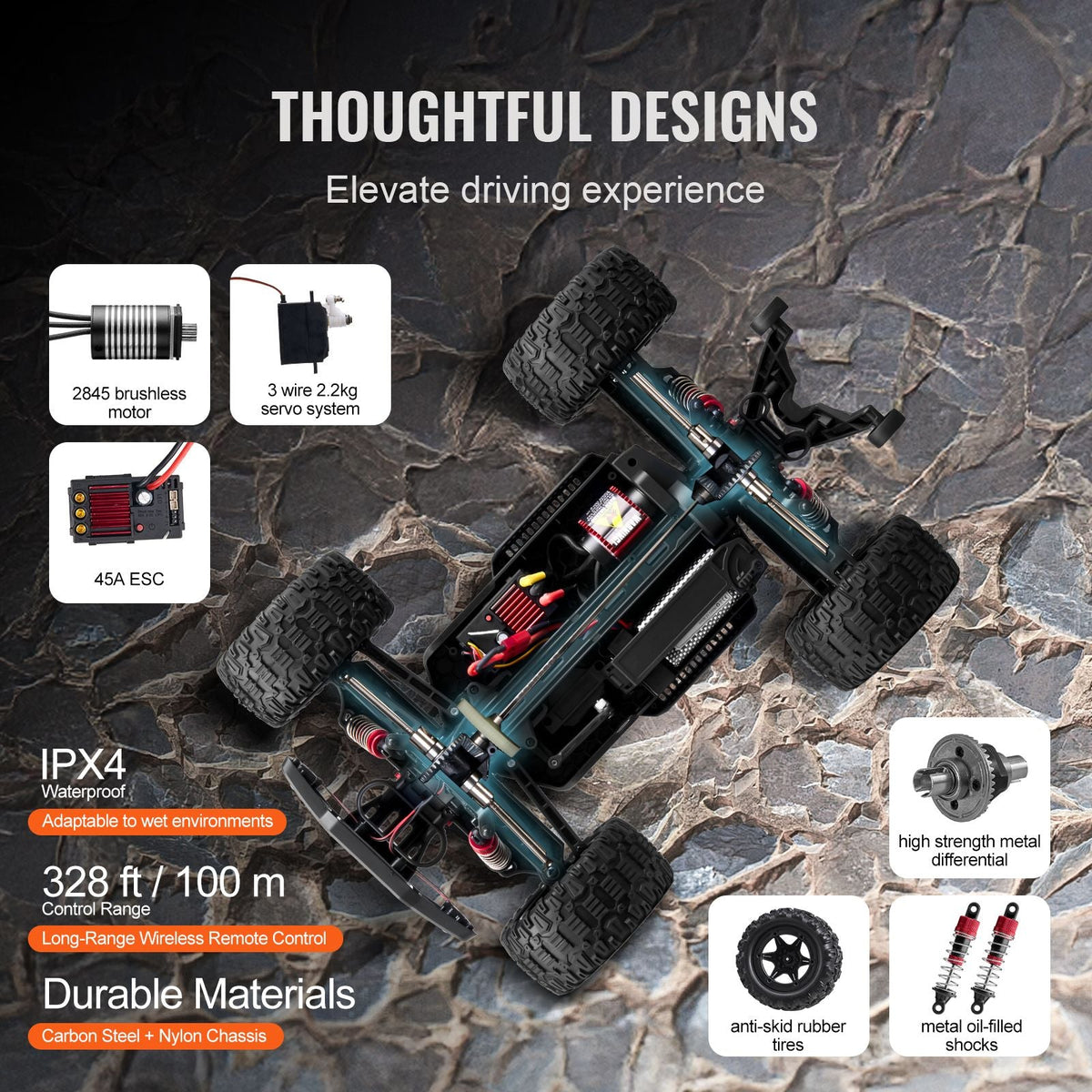Remote Control Car, 1:10 Scale RC Car for Kids, All Terrain 4WD Off-Road Truck with 45° Wheelie & Adjustable Speed, 50 km/h High-Speed Hobby RC Racing Car Toy, Ideal Gift for 8+ Year Kids, IPX4