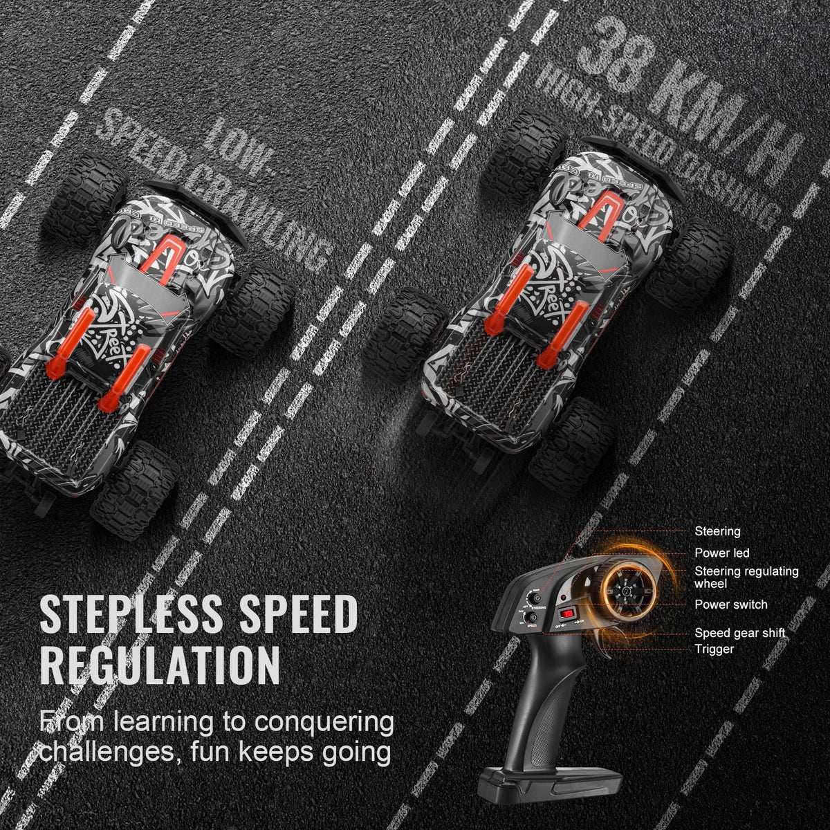 Remote Control Car, 1:14 Scale RC Car for Kids, All Terrain 4WD Off-Road Monster Truck with 45° Wheelie & 2 Batteries, 38 km/h High Speed Hobby Racing Car - Ideal Gift for 8+ Years Kids