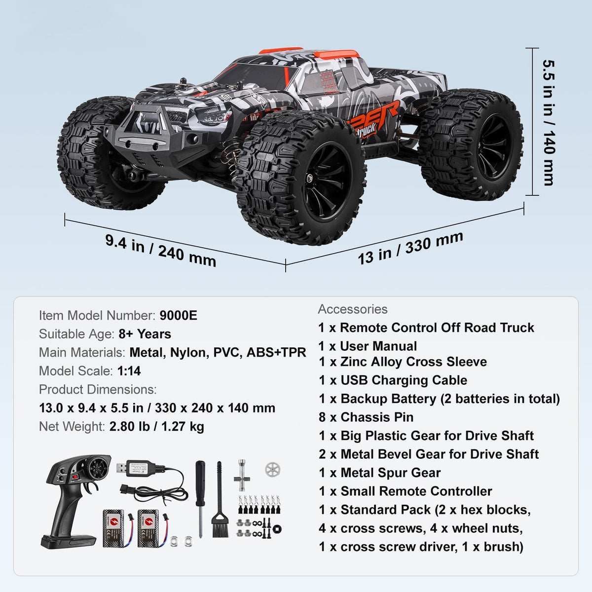 Remote Control Car, 1:14 Scale RC Car for Kids, All Terrain 4WD Off-Road Monster Truck with 45° Wheelie & 2 Batteries, 38 km/h High Speed Hobby Racing Car - Ideal Gift for 8+ Years Kids