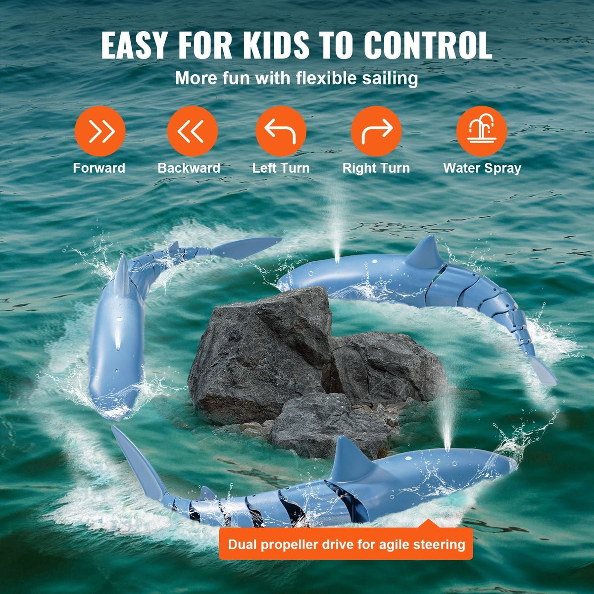 Remote Control Shark Toy, 2.4GHz High Simulation Shark RC Boat for Swimming Pool Bathroom, Electric RC Shark Fish Toy with 2 Batteries, Light & Spray Water Function for 6+ Year Old Boys & Girls