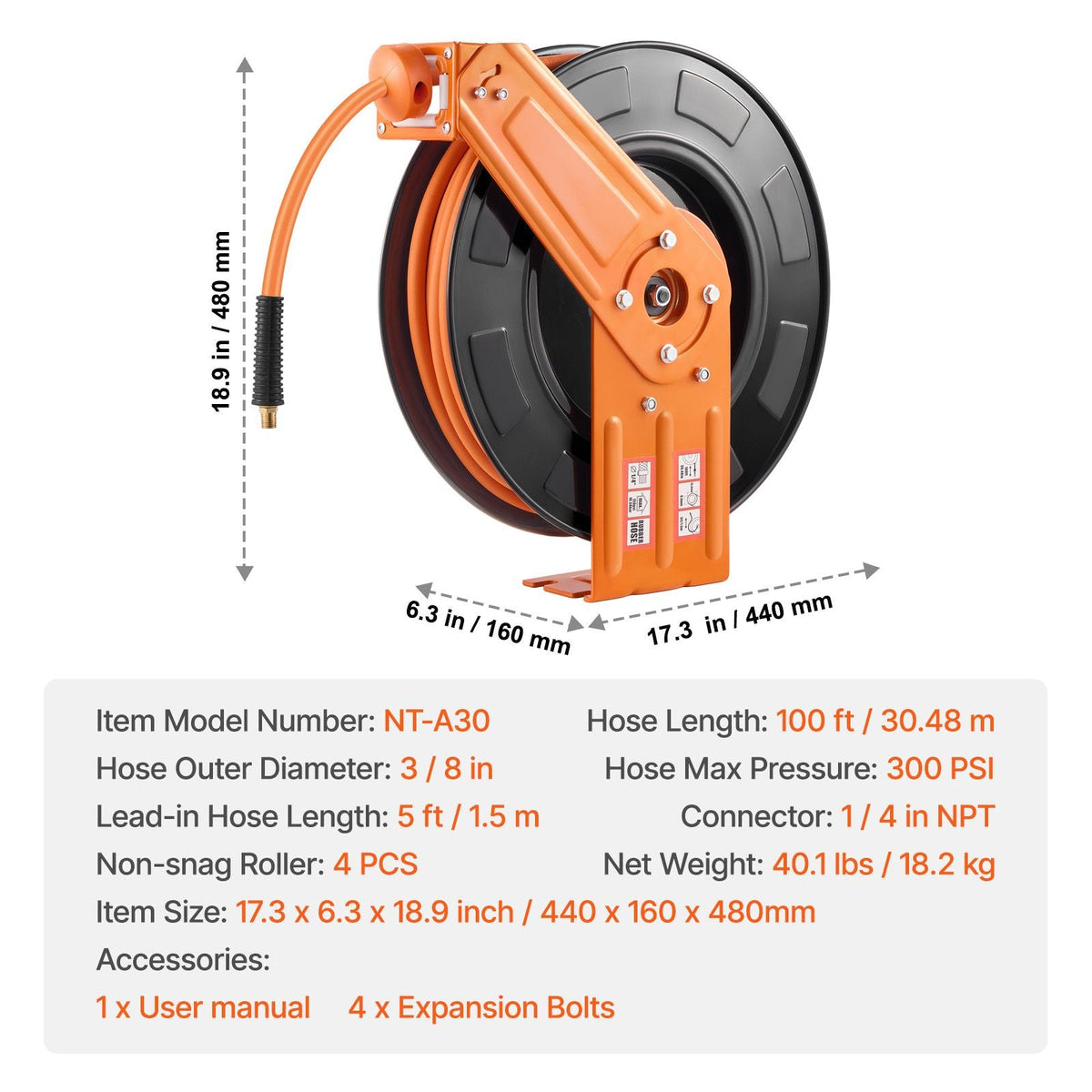 Retractable Air Hose Reel, 3/8IN x 100FT Rubber Air Hose Max 300PSI, Air Compressor Hose Reel Auto-Rewind with 5FT Lead in, Ceiling/Wall Mount Heavy Duty Single Arm Steel Reel, 1/4" NPT Fitting