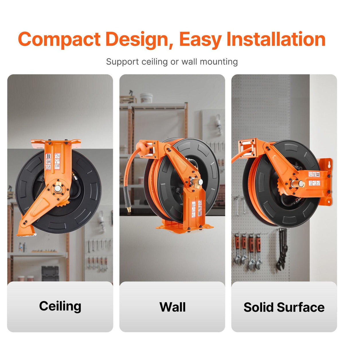 Retractable Air Hose Reel with Double Arms, 3/8 IN x 65FT Hybrid Air Hose Max 300PSI, Air Compressor Hose Reel with 5FT Lead in, Ceiling/Wall Mount Heavy Duty Steel Reel for Workshop Garage