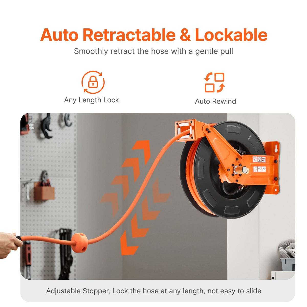 Retractable Air Hose Reel with Double Arms, 3/8 IN x 65FT Hybrid Air Hose Max 300PSI, Air Compressor Hose Reel with 5FT Lead in, Ceiling/Wall Mount Heavy Duty Steel Reel for Workshop Garage