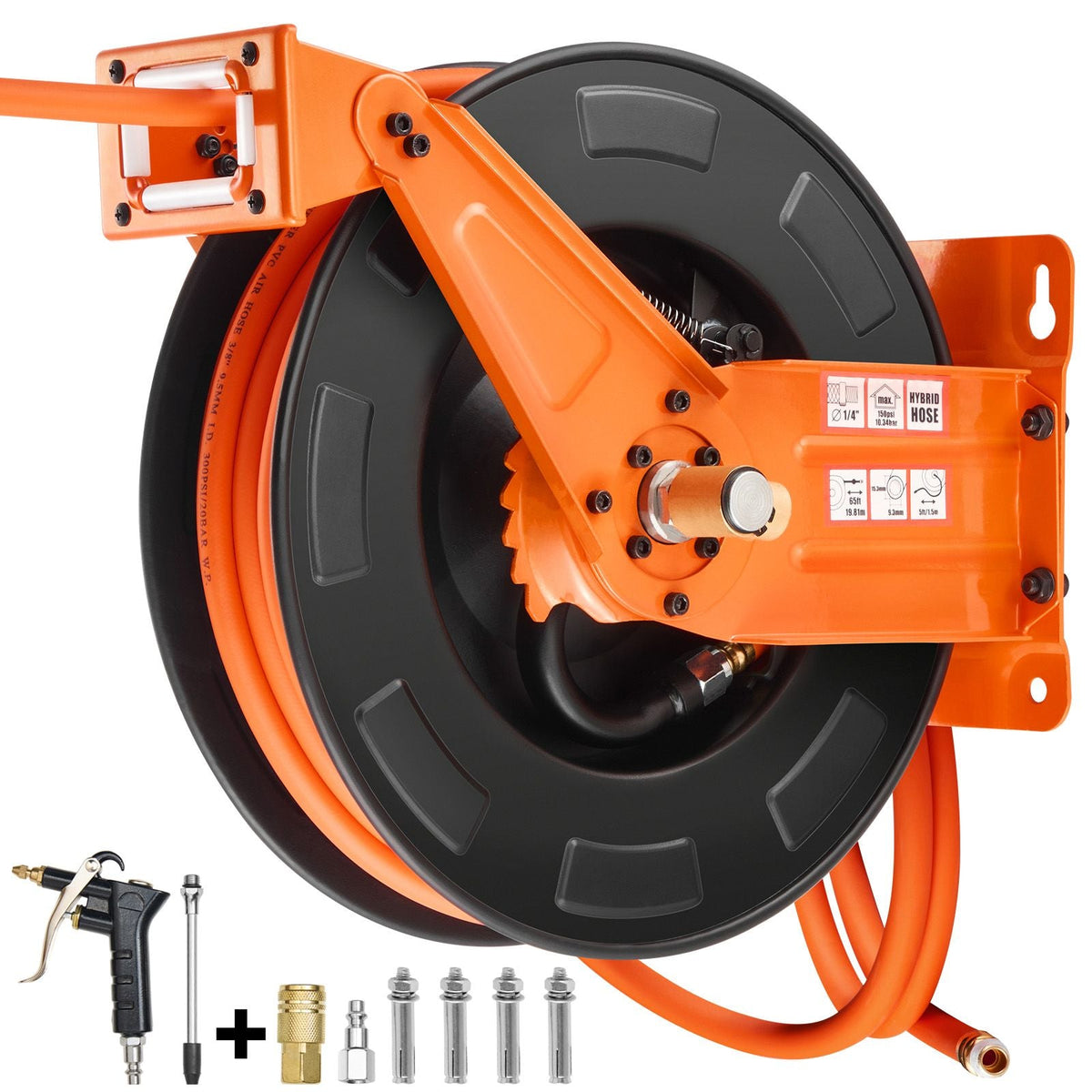 Retractable Air Hose Reel with Double Arms, 3/8 IN x 65FT Hybrid Air Hose Max 300PSI, Air Compressor Hose Reel with 5FT Lead in, Ceiling/Wall Mount Heavy Duty Steel Reel for Workshop Garage