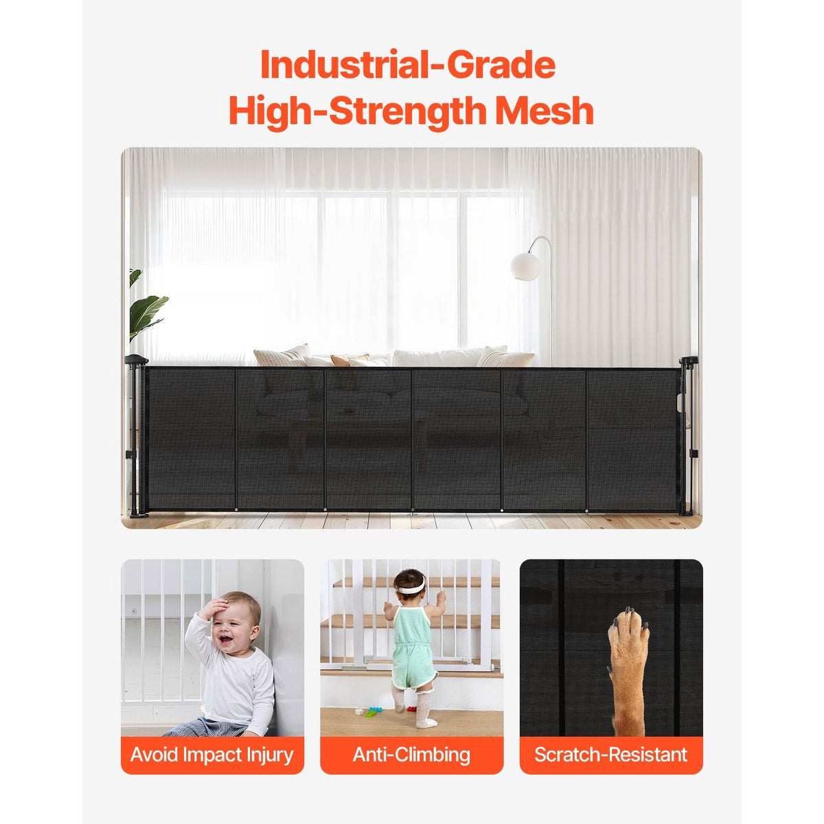 Retractable Baby Gate, 34 inch Tall, Extends up to 110 inch Wide, Retractable Gate for Kids or Pets, Mesh Material, Easy to Install for Indoor Stairs, Doorways, Hallways, Playrooms, Black