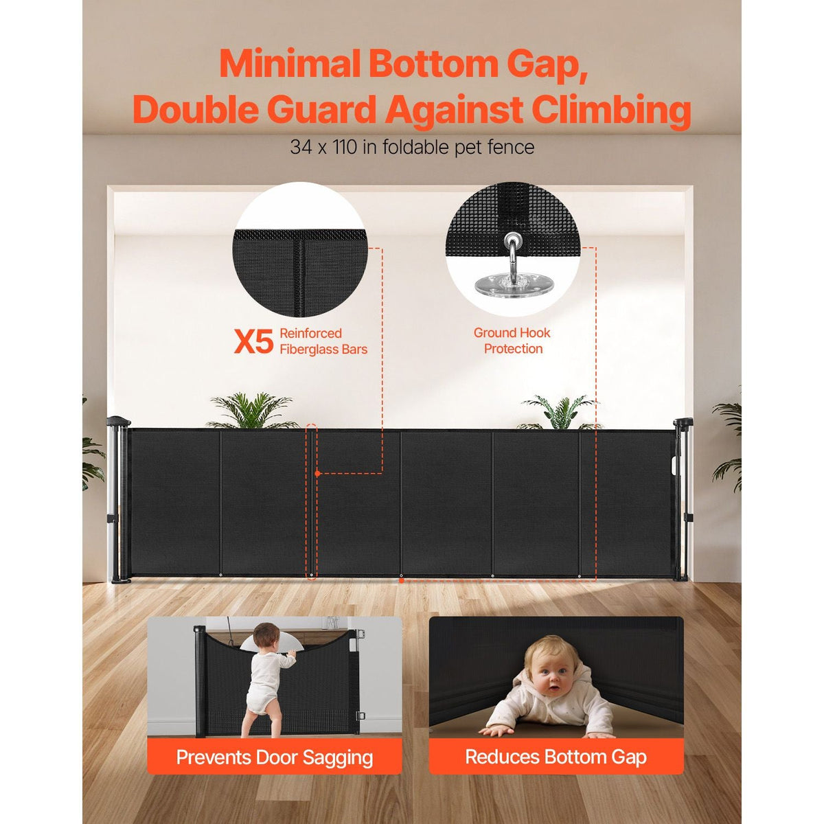 Retractable Baby Gate, 34 inch Tall, Extends up to 110 inch Wide, Retractable Gate for Kids or Pets, Mesh Material, Easy to Install for Indoor Stairs, Doorways, Hallways, Playrooms, Black
