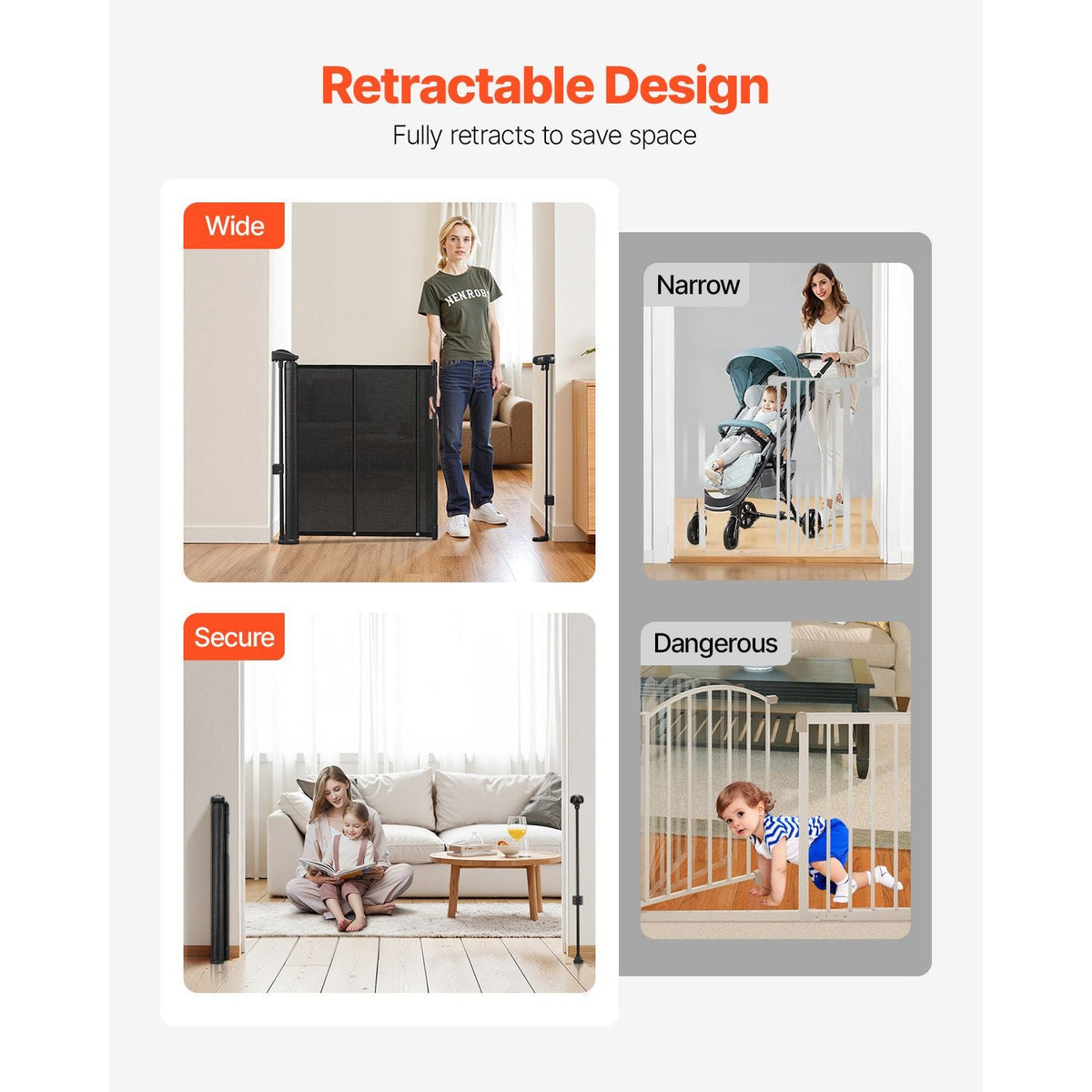 Retractable Baby Gate, 34 inch Tall, Extends up to 110 inch Wide, Retractable Gate for Kids or Pets, Mesh Material, Easy to Install for Indoor Stairs, Doorways, Hallways, Playrooms, Black