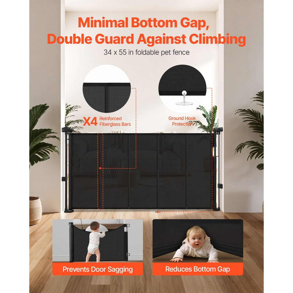 Retractable Baby Gate, 34 inch Tall, Extends up to 55 inch Wide, Retractable Gate for Kids or Pets, Mesh Material, Easy to Install for Indoor Stairs, Doorways, Hallways, Playrooms, Black