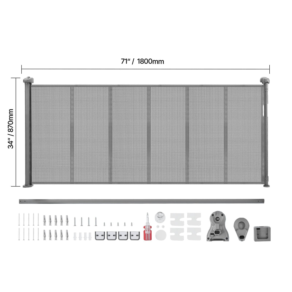 Retractable Baby Gate, 34 inch Tall, Extends up to 71 inch Wide, Retractable Gate for Kids or Pets, Mesh Material, Easy to Install for Indoor Stairs, Doorways, Hallways, Playrooms, Gray