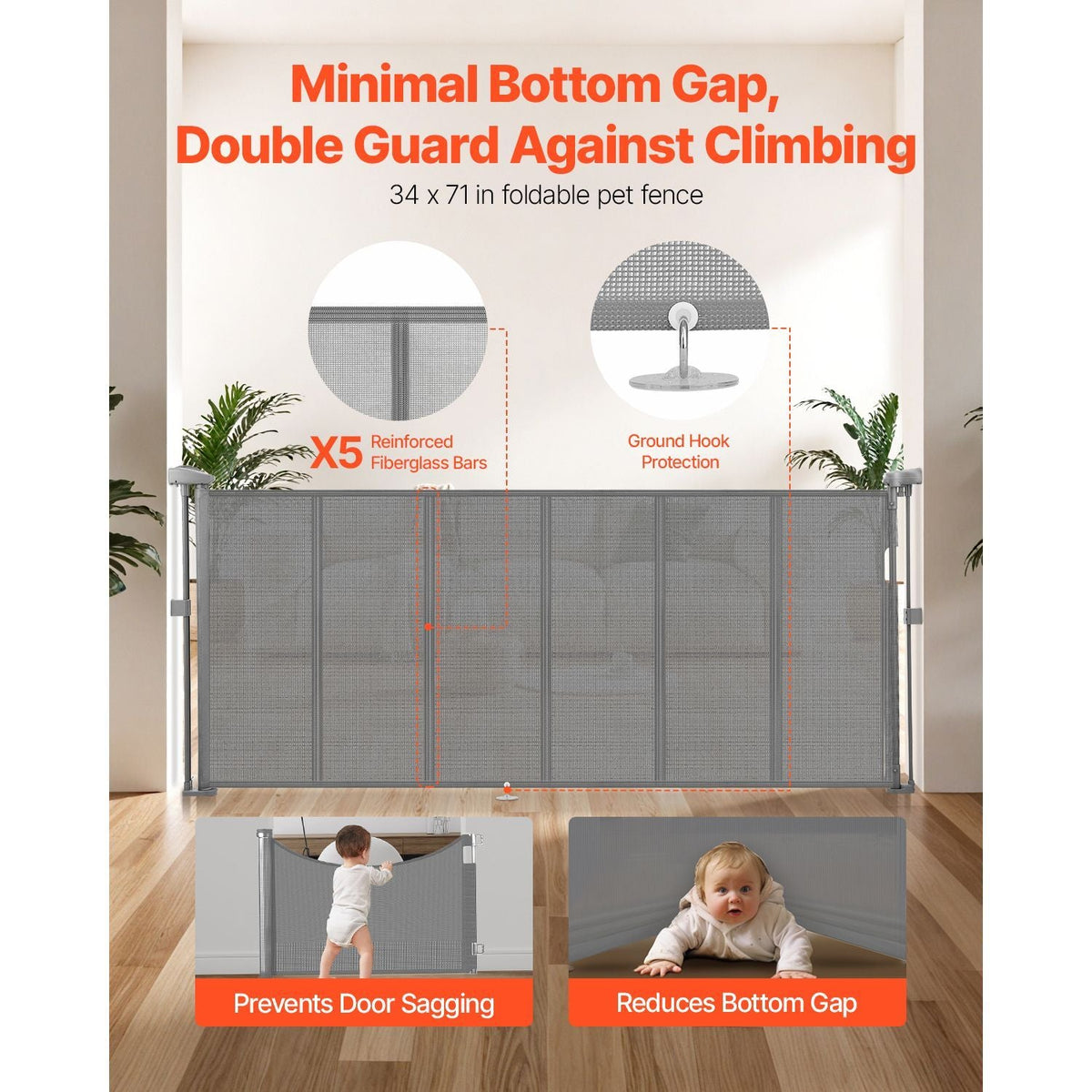 Retractable Baby Gate, 34 inch Tall, Extends up to 71 inch Wide, Retractable Gate for Kids or Pets, Mesh Material, Easy to Install for Indoor Stairs, Doorways, Hallways, Playrooms, Gray