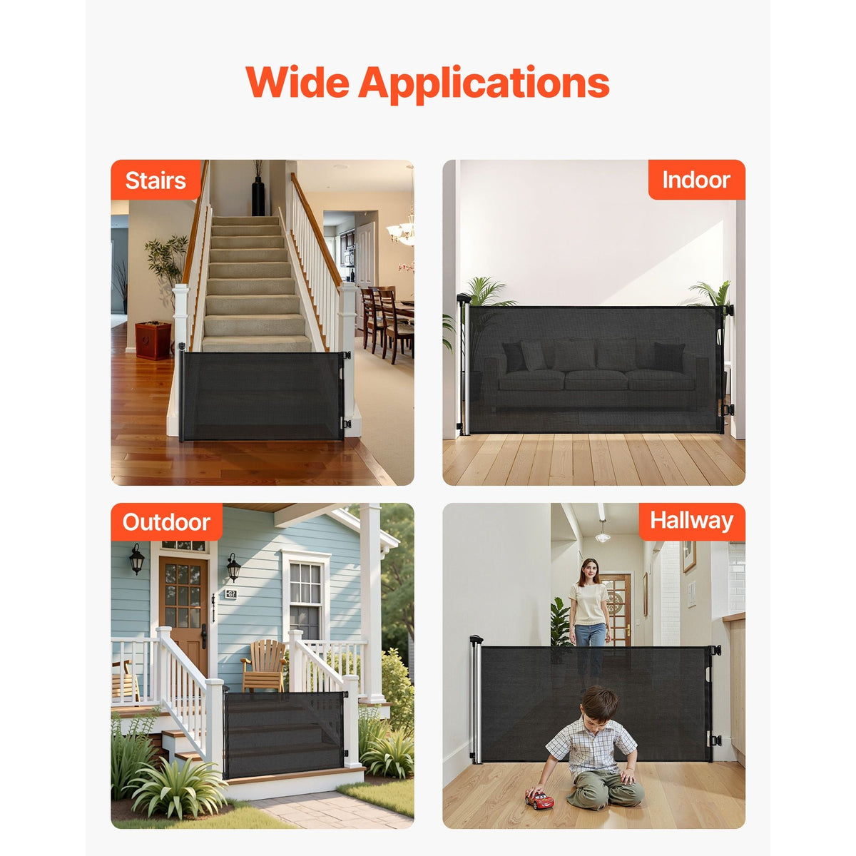 Retractable Baby Gate, Extends to 72.8 inch Wide, 31.3 inch Tall, with Security Lock, Easy to Use, Walk Through Without Tripping, Mesh Dog Gate for Stairs, Hallways, Indoor/Outdoor, Black