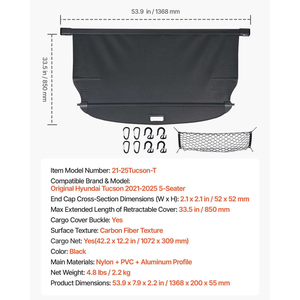 Retractable Cargo Cover, Upgraded Carbon Fiber Texture Trunk Cover, Anti-Peeping Luggage Privacy Shield, Easy Installation Security Shade with Cargo Net, for Hyundai Tucson 2021-2025 5-Seater