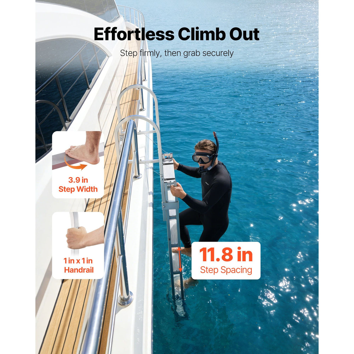Retractable Dock Ladder, 5 Steps, Aluminum Alloy Pontoon Boat Swim Ladder, with Non-Slip Wide Steps, 350 lbs Weight Capacity, Adjustable Height, for Lake Swimming, Pool, Boat, Marine Boarding