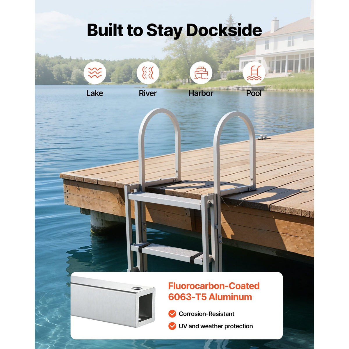 Retractable Dock Ladder, 5 Steps, Aluminum Alloy Pontoon Boat Swim Ladder, with Non-Slip Wide Steps, 350 lbs Weight Capacity, Adjustable Height, for Lake Swimming, Pool, Boat, Marine Boarding