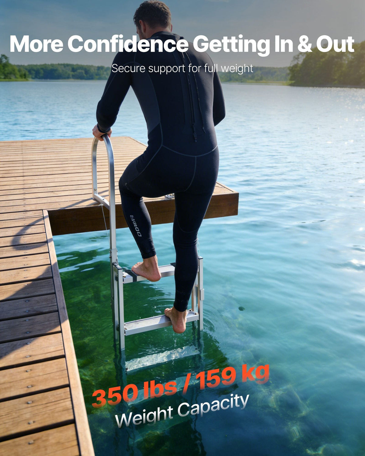 Retractable Dock Ladder, 5 Steps, Aluminum Alloy Pontoon Boat Swim Ladder, with Non-Slip Wide Steps, 350 lbs Weight Capacity, Adjustable Height, for Lake Swimming, Pool, Boat, Marine Boarding