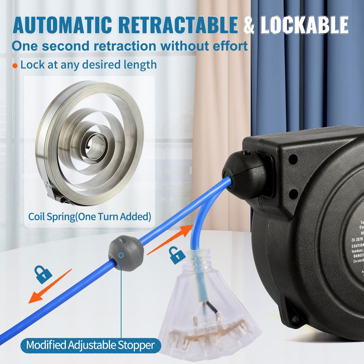 Retractable Extension Cord Reel, 30 FT, Heavy Duty 16AWG/3C SJTOW Retractable Power Cord Reel with Lighted Triple Tap Outlet 10 Amp Circuit Breaker 4.5FT Lead-in Cord, for Ceiling or Wall Mount