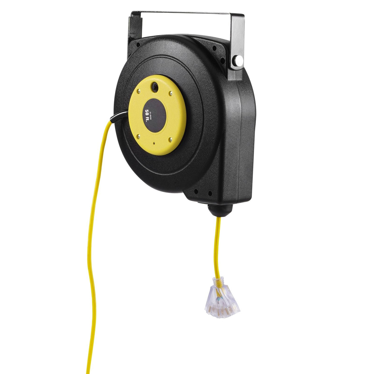 Retractable Extension Cord Reel, 50 FT, Heavy Duty 14AWG/3C SJTOW Retractable Power Cord with Lighted Triple Tap Outlet, 13 Amp Circuit Breaker 180° Swivel Bracket for Ceiling or Wall Mount