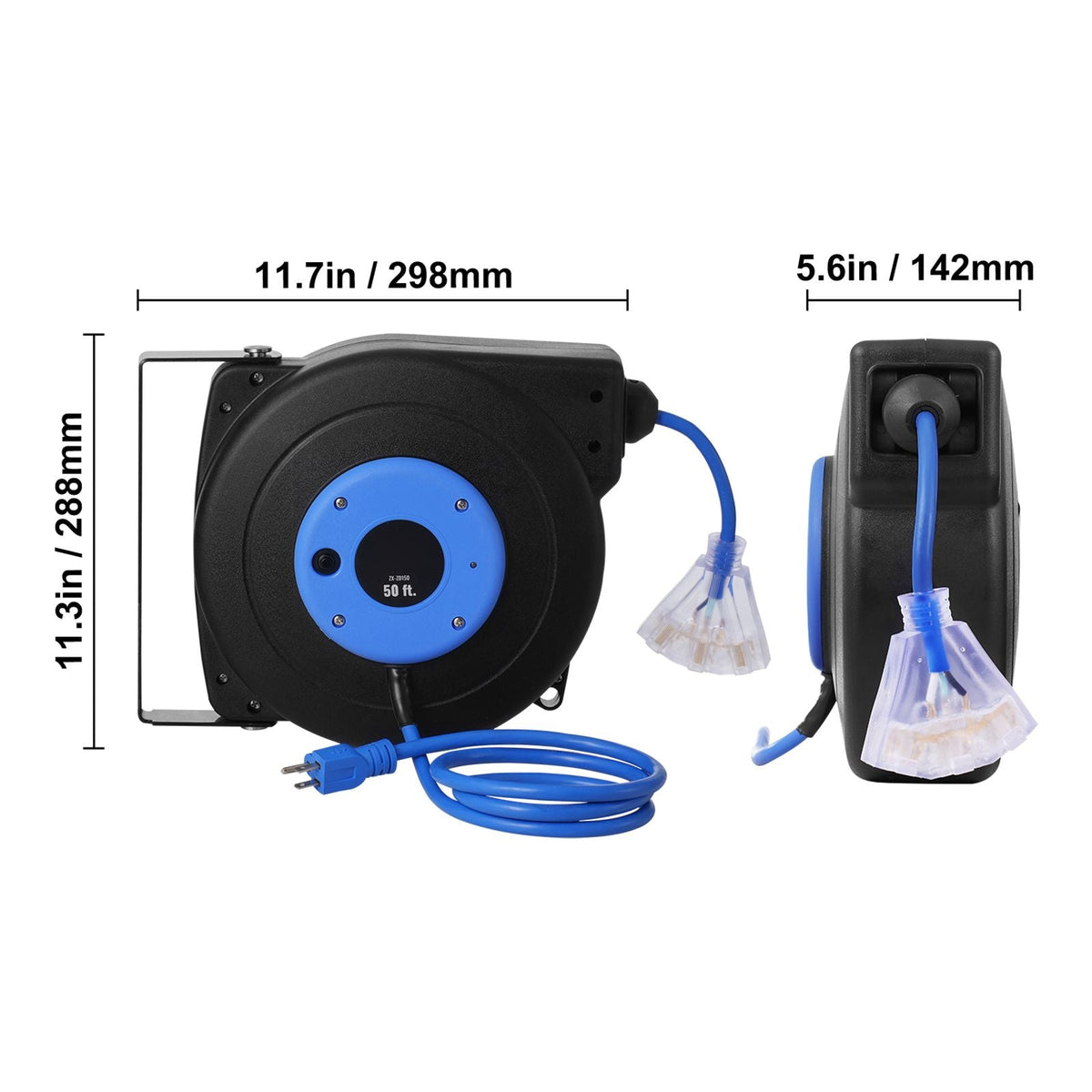 Retractable Extension Cord Reel, 50 FT, Heavy Duty 14AWG/3C SJTOW Retractable Power Cord with Lighted Triple Tap Outlet, 13 Amp Circuit Breaker 180° Swivel Bracket for Ceiling or Wall Mount