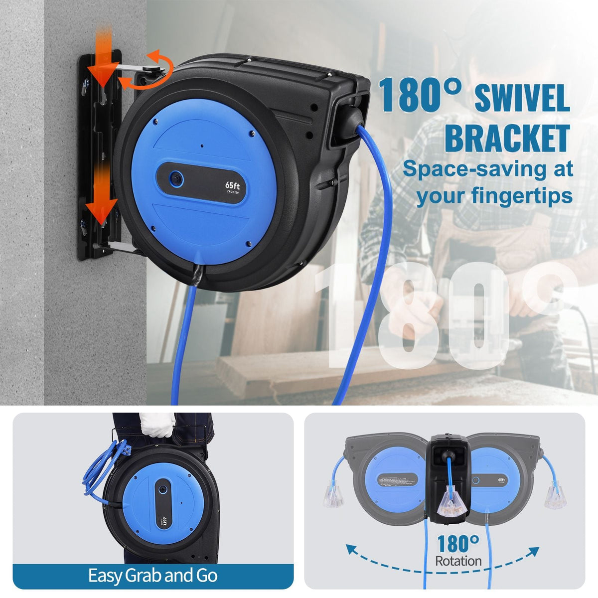Retractable Extension Cord Reel, 65 FT, Heavy Duty 12AWG/3C SJTOW Retractable Power Cord with Lighted Triple Tap Outlet, 15 Amp Circuit Breaker 180° Swivel Bracket for Ceiling or Wall Mount