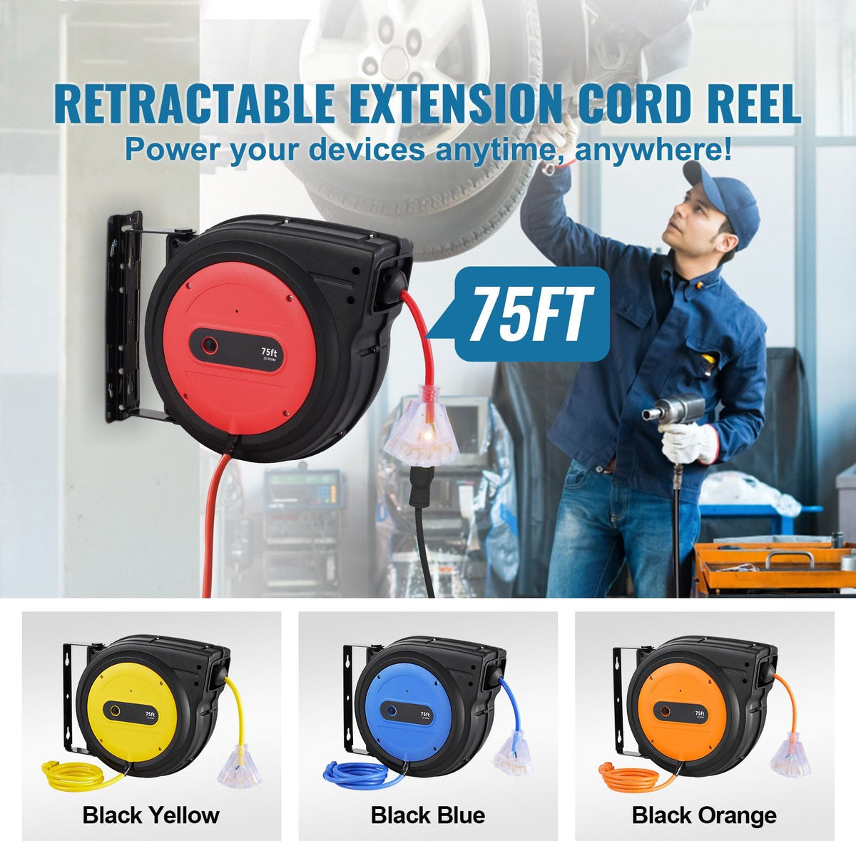 Retractable Extension Cord Reel, 75 FT, Heavy Duty 14AWG/3C SJTOW Retractable Power Cord with Lighted Triple Tap Outlet, 13 Amp Circuit Breaker 180° Swivel Bracket for Ceiling or Wall Mount