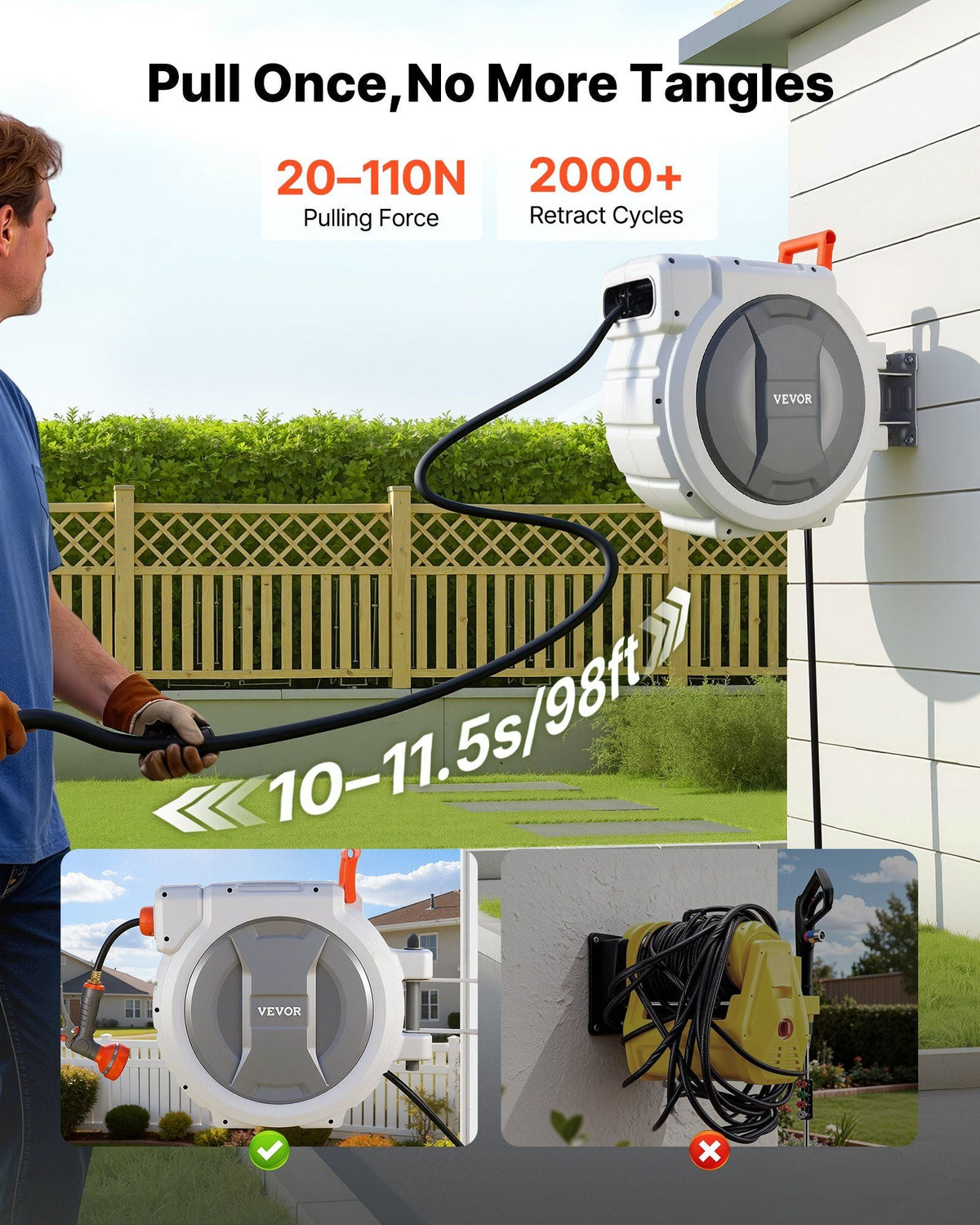 Retractable Garden Hose Reel, 1/2 in x 130 ft, Wall Mounted Hose Reel with 9-Function Sprayer Nozzle and 180° Swivel Bracket, Any Length Lock, Automatic Slow Rewind System, for Garden Watering