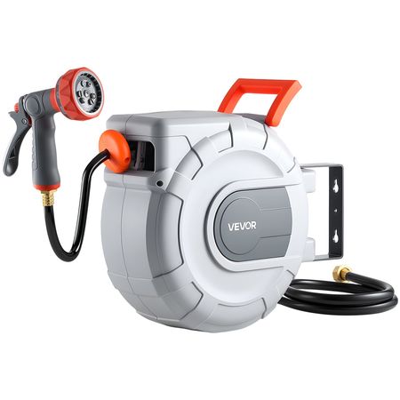 Retractable Garden Hose Reel, 1/2 in x 50 ft, Wall Mounted Hose Reel with 9-Function Sprayer Nozzle and 180° Swivel Bracket, Any Length Lock, Automatic Slow Rewind System, for Garden Watering