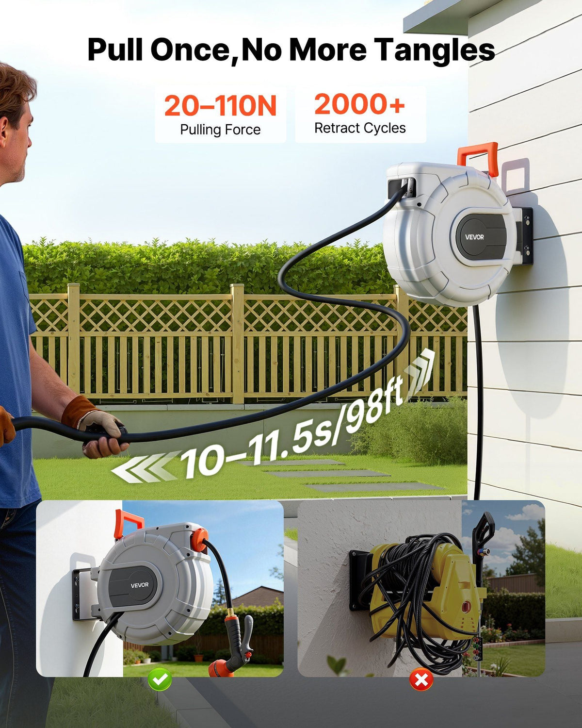 Retractable Garden Hose Reel, 1/2 in x 50 ft, Wall Mounted Hose Reel with 9-Function Sprayer Nozzle and 180° Swivel Bracket, Any Length Lock, Automatic Slow Rewind System, for Garden Watering