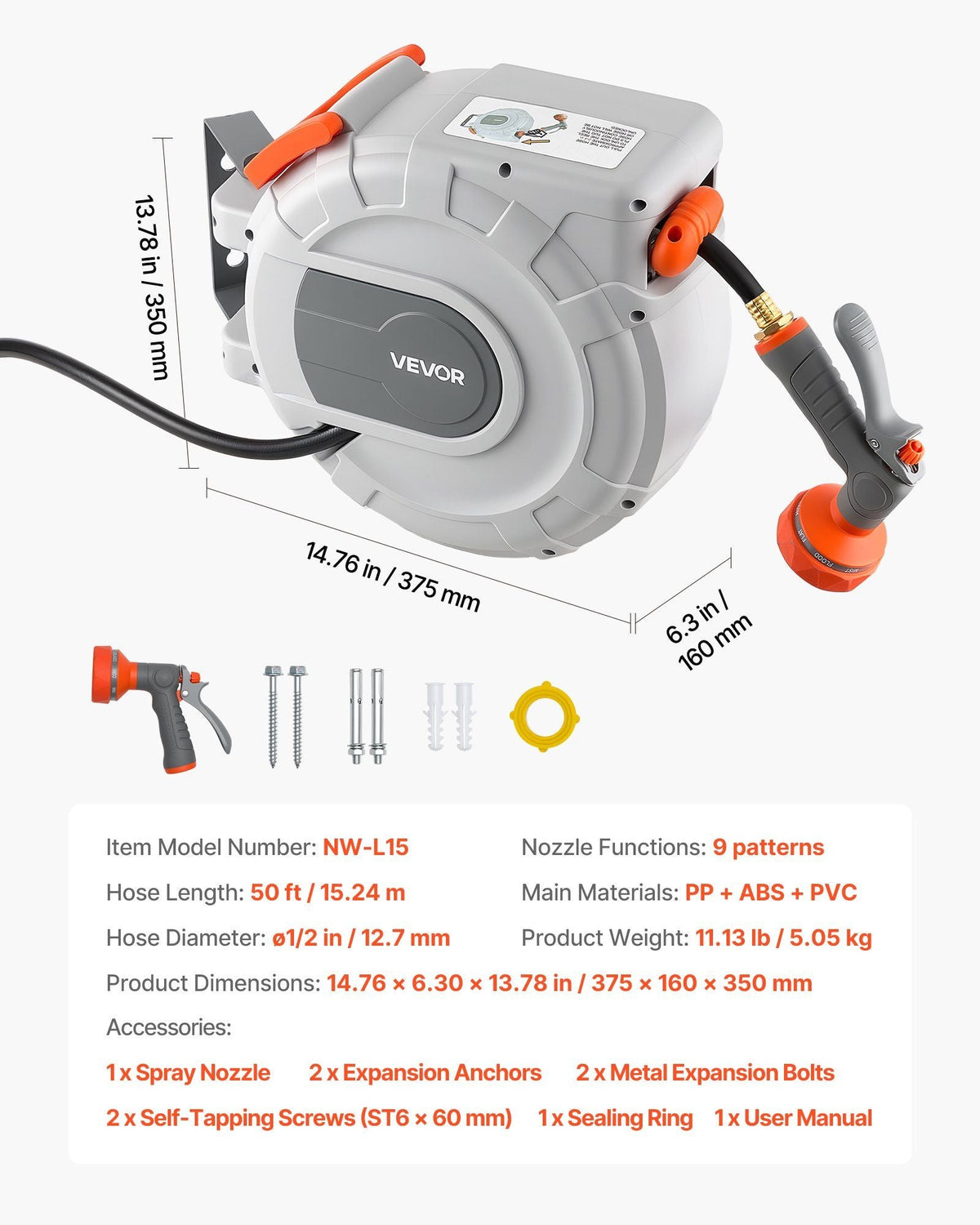 Retractable Garden Hose Reel, 1/2 in x 50 ft, Wall Mounted Hose Reel with 9-Function Sprayer Nozzle and 180° Swivel Bracket, Any Length Lock, Automatic Slow Rewind System, for Garden Watering