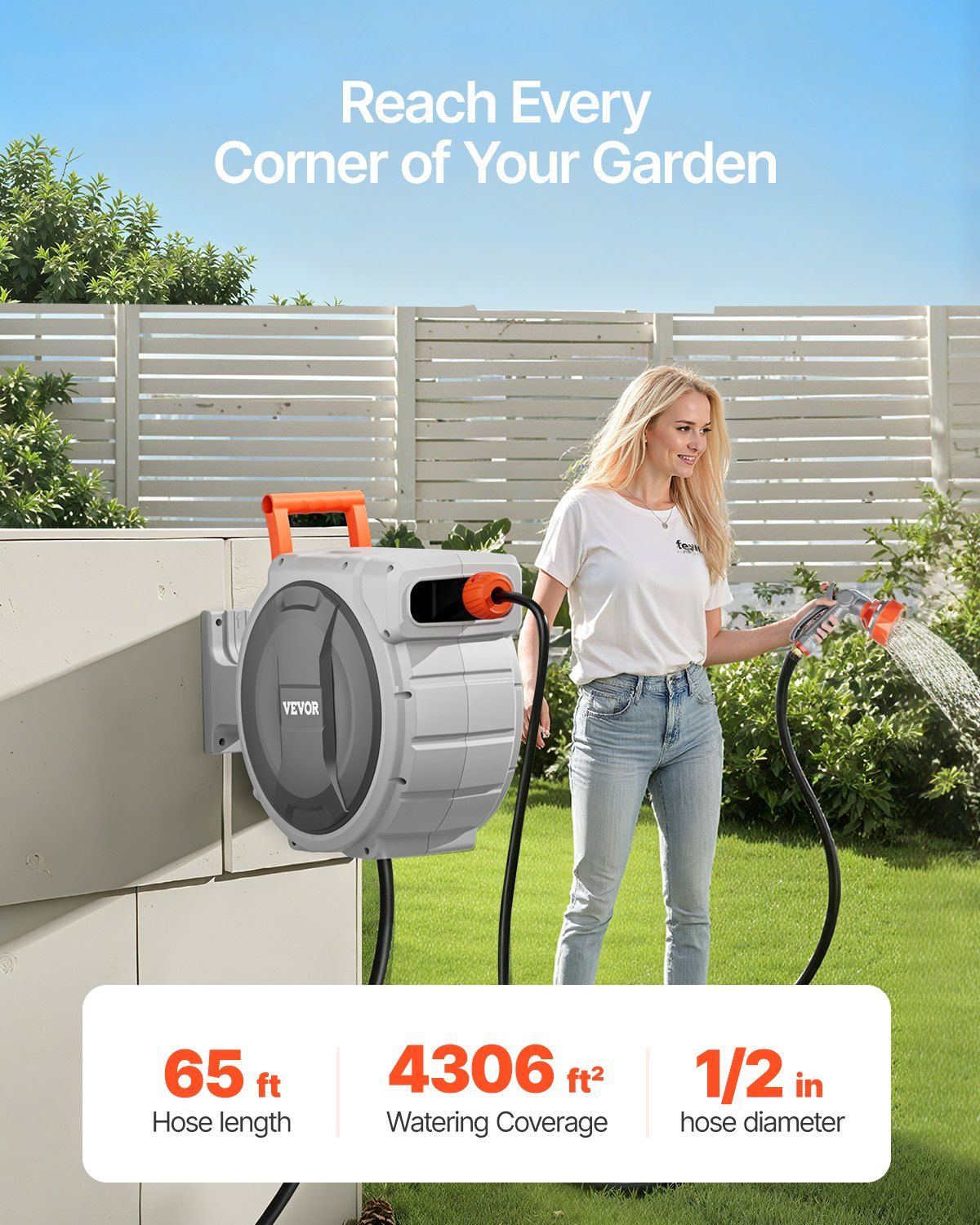 Retractable Garden Hose Reel, 1/2 Inch x 65 ft Wall Mounted Hose Reel, Heavy Duty Garden Hose Reel with 9 Patterns Nozzle, Any Length Lock, Upgraded Slow Return System and 180°Swivel Bracket