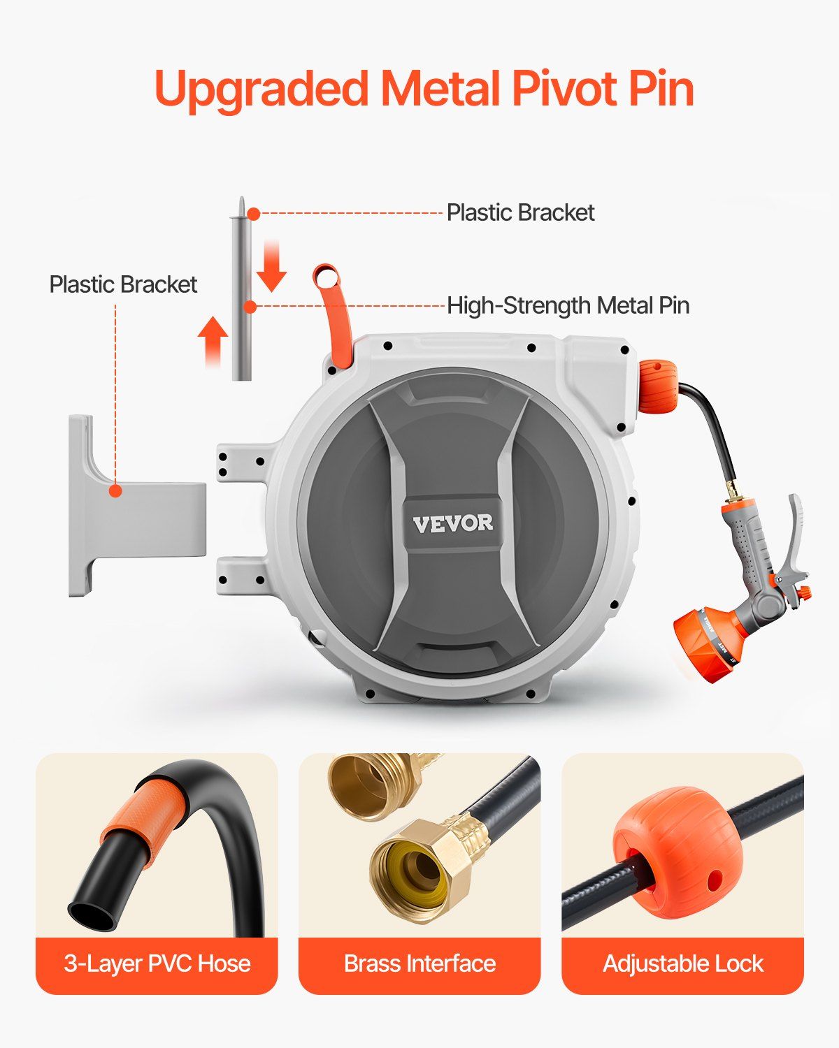 Retractable Garden Hose Reel, 1/2 Inch x 65 ft Wall Mounted Hose Reel, Heavy Duty Garden Hose Reel with 9 Patterns Nozzle, Any Length Lock, Upgraded Slow Return System and 180°Swivel Bracket