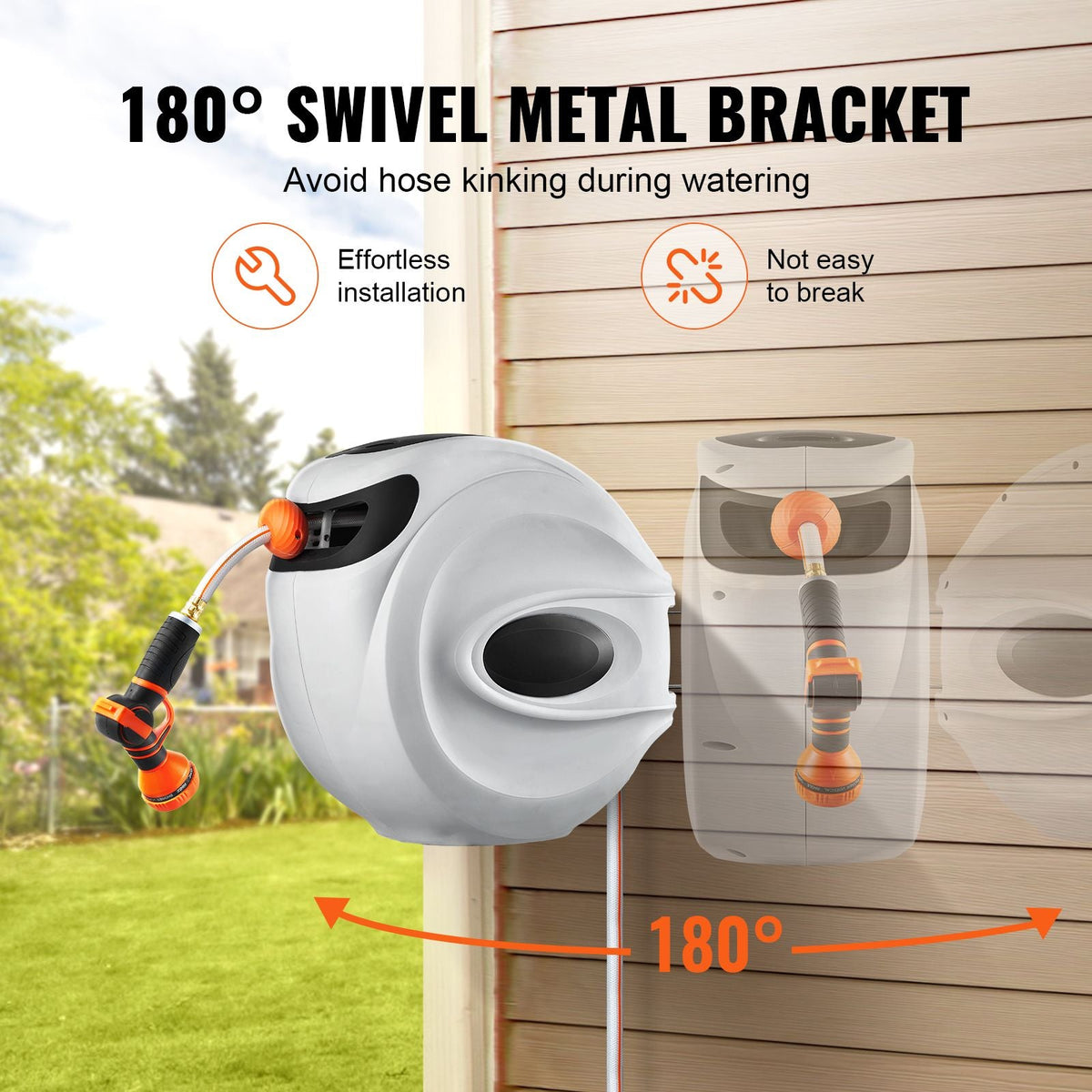 Retractable Hose Reel, 115 ft x 1/2 inch, 180° Swivel Bracket Wall-Mounted, Garden Water Hose Reel with 9-Pattern Nozzle, Automatic Rewind, Lock at Any Length, and Slow Return System