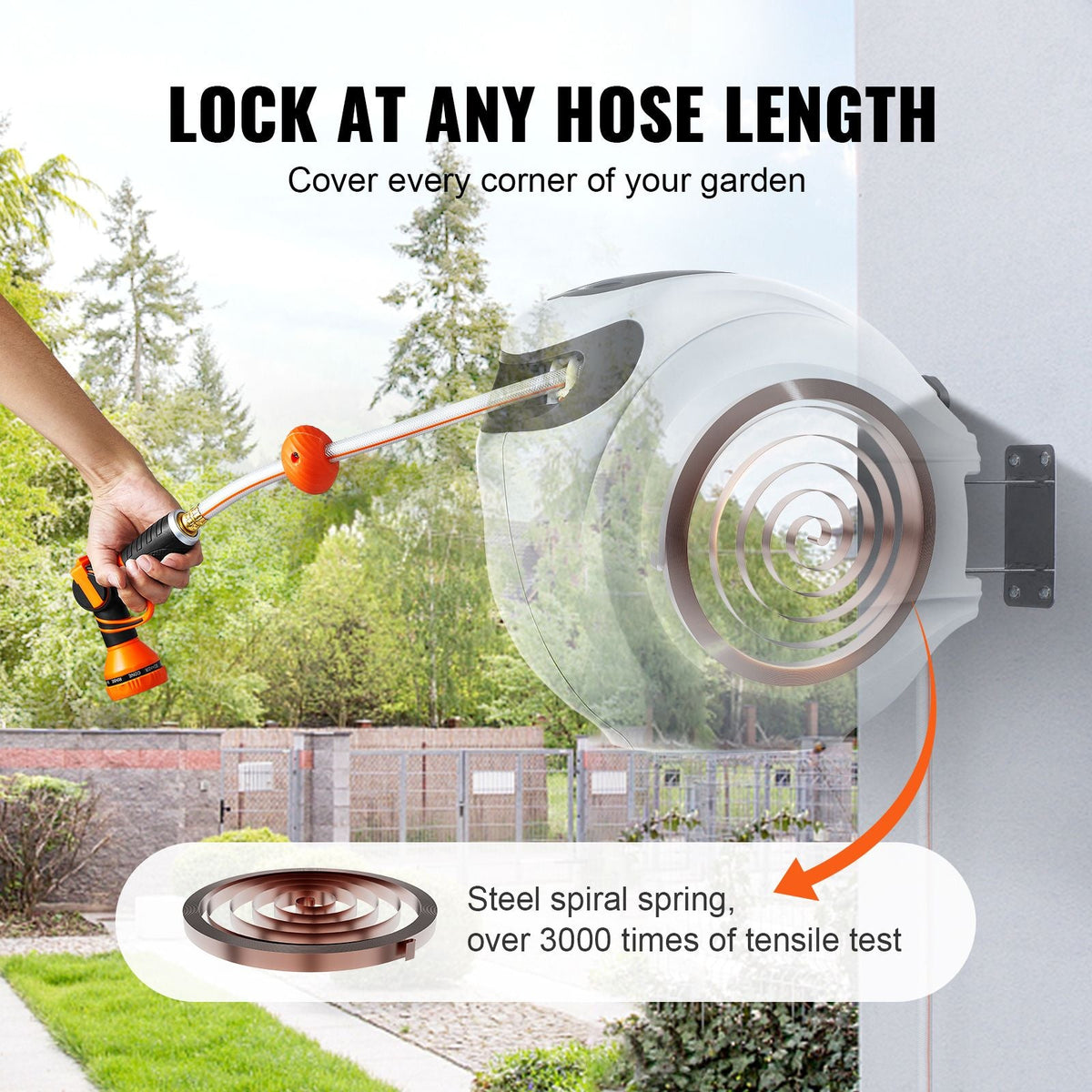 Retractable Hose Reel, 115 ft x 1/2 inch, 180° Swivel Bracket Wall-Mounted, Garden Water Hose Reel with 9-Pattern Nozzle, Automatic Rewind, Lock at Any Length, and Slow Return System