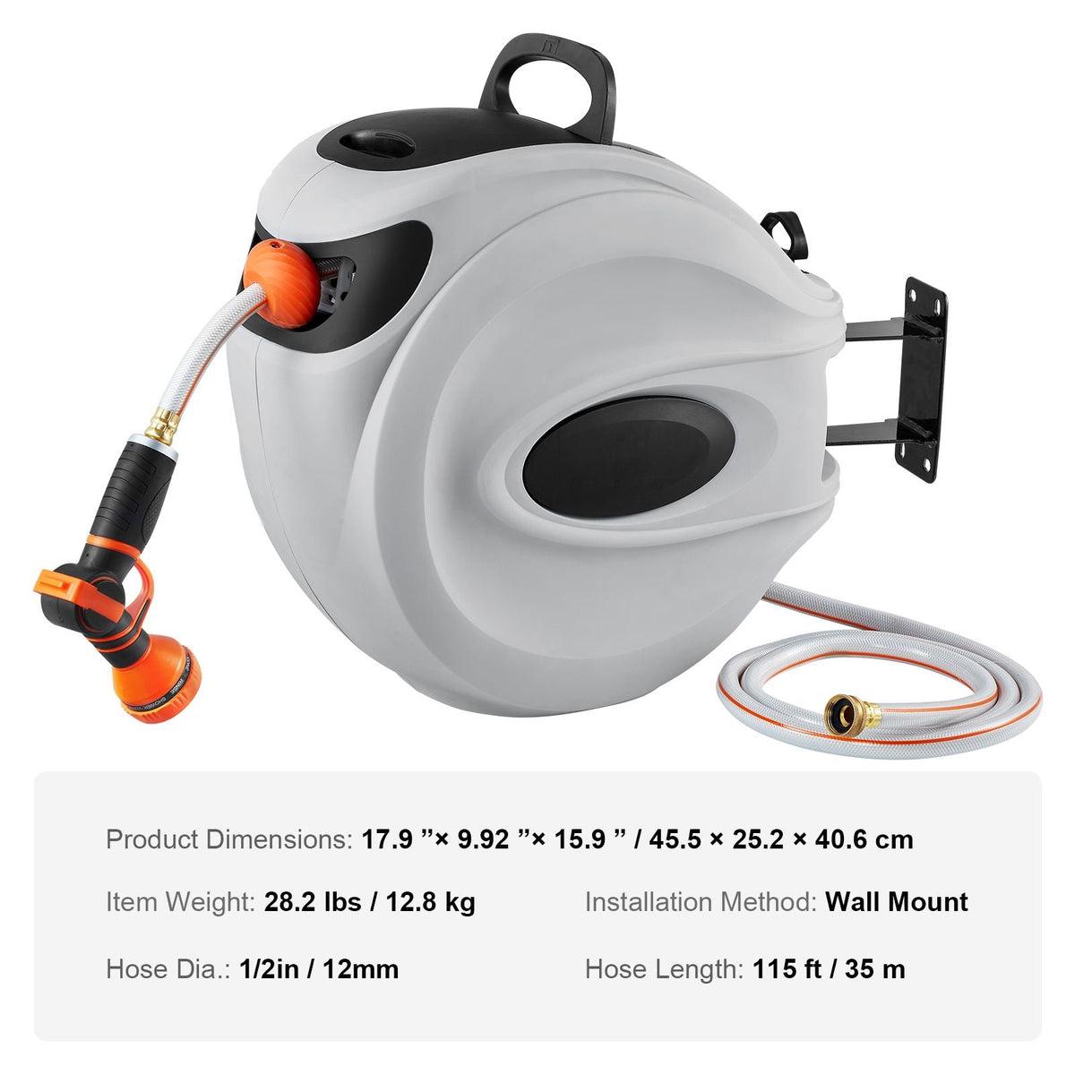 Retractable Hose Reel, 115 ft x 1/2 inch, 180° Swivel Bracket Wall-Mounted, Garden Water Hose Reel with 9-Pattern Nozzle, Automatic Rewind, Lock at Any Length, and Slow Return System