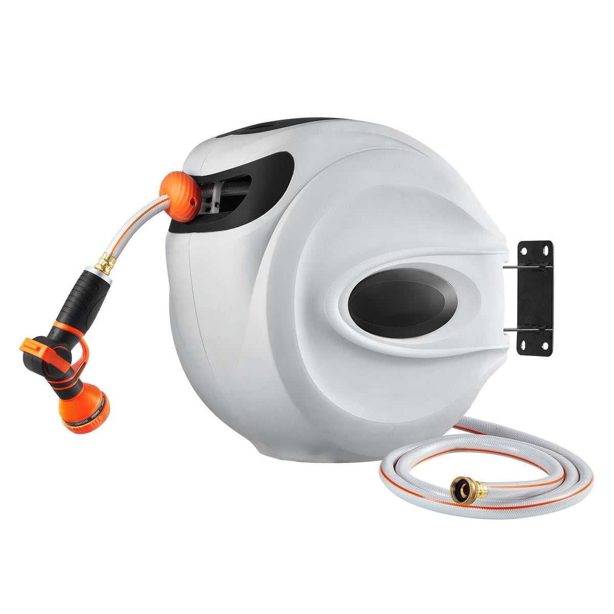 Retractable Hose Reel, 115 ft x 1/2 inch, 180° Swivel Bracket Wall-Mounted, Garden Water Hose Reel with 9-Pattern Nozzle, Automatic Rewind, Lock at Any Length, and Slow Return System
