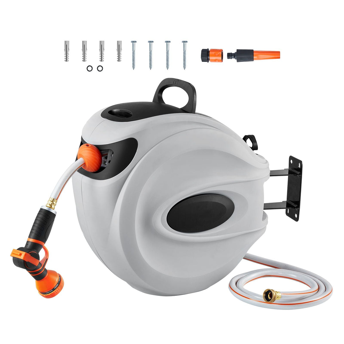 Retractable Hose Reel, 115 ft x 1/2 inch, 180° Swivel Bracket Wall-Mounted, Garden Water Hose Reel with 9-Pattern Nozzle, Automatic Rewind, Lock at Any Length, and Slow Return System