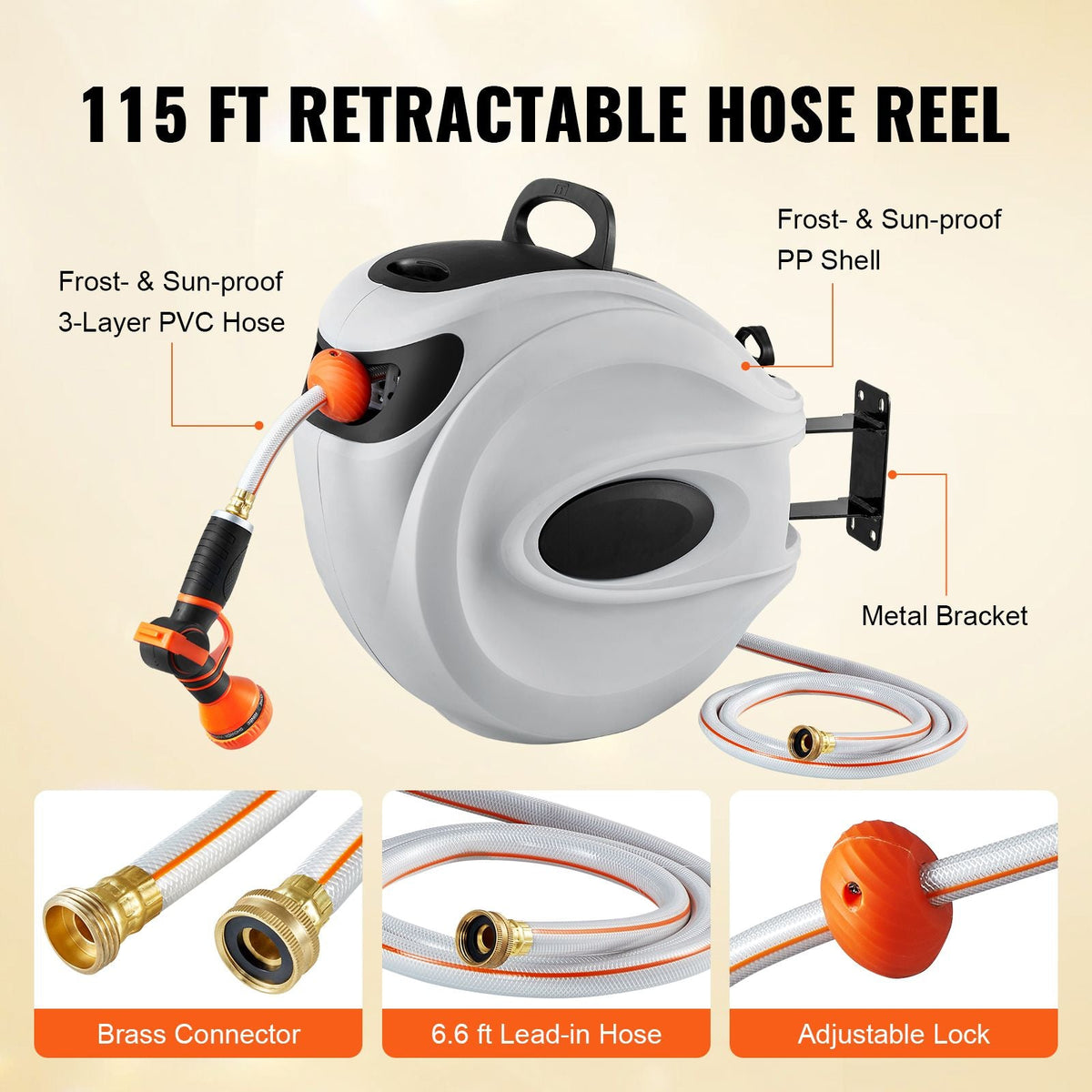 Retractable Hose Reel, 115 ft x 1/2 inch, 180° Swivel Bracket Wall-Mounted, Garden Water Hose Reel with 9-Pattern Nozzle, Automatic Rewind, Lock at Any Length, and Slow Return System